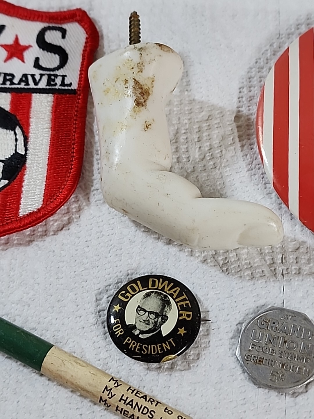 Junk Drawer Lot: Kodak Six 20 Camera Knives DC FD Buttons Fare Tokens Marble Pin