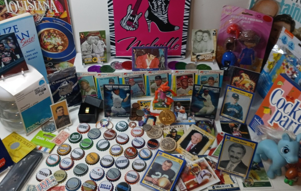 Huge Junk Drawer Lot Collectibles NFL Bottle Caps, Cards, Coins, & More #49/20
