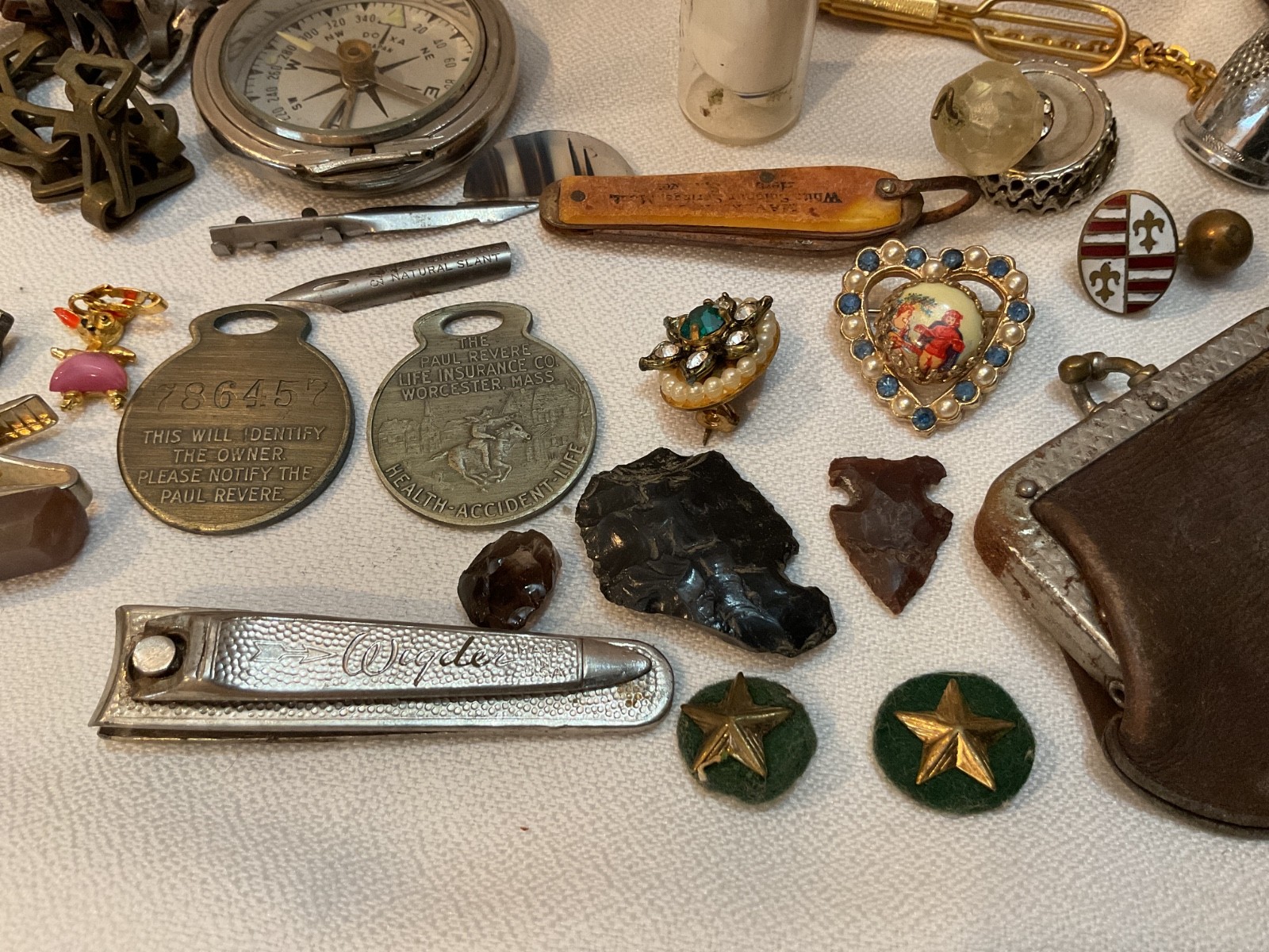 Junk Drawer Lot Compass ,keys, arrowheads, jewelry, wood box 30+Treasures