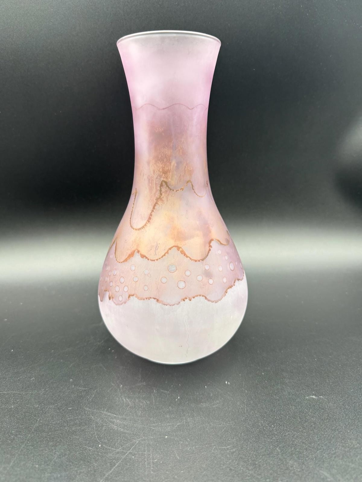 Hand Painted Ruevan Art Glass Vase – Frosted Satin with Purple Swirl, 9.5”