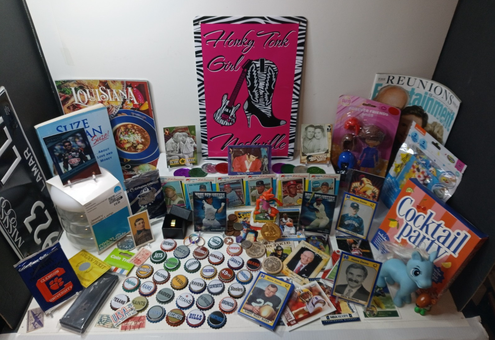 Huge Junk Drawer Lot Collectibles NFL Bottle Caps, Cards, Coins, & More #49/20