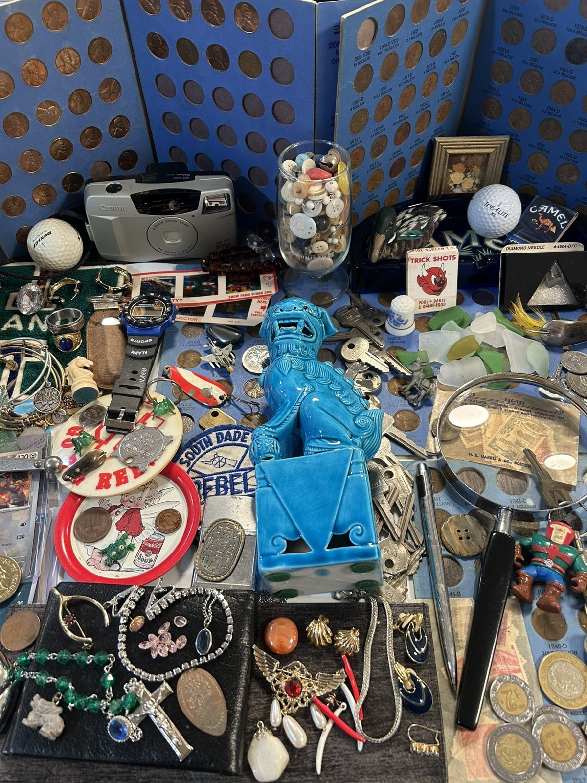 Vintage Junk drawer lot foo dog , jewelry, coins, + more read description