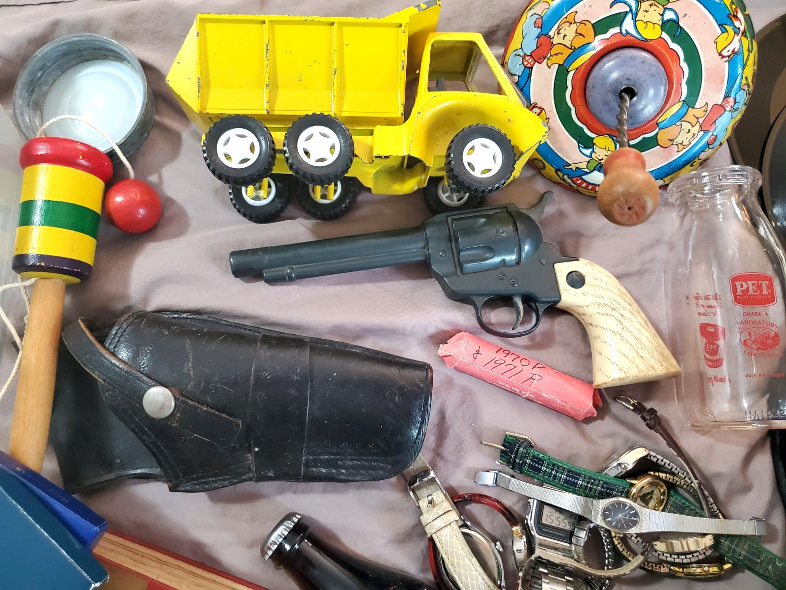 Junk Drawer. Coins, Vintage Toys, Hubley Truck, Pinbacks, Tap Handle, $2 bill.