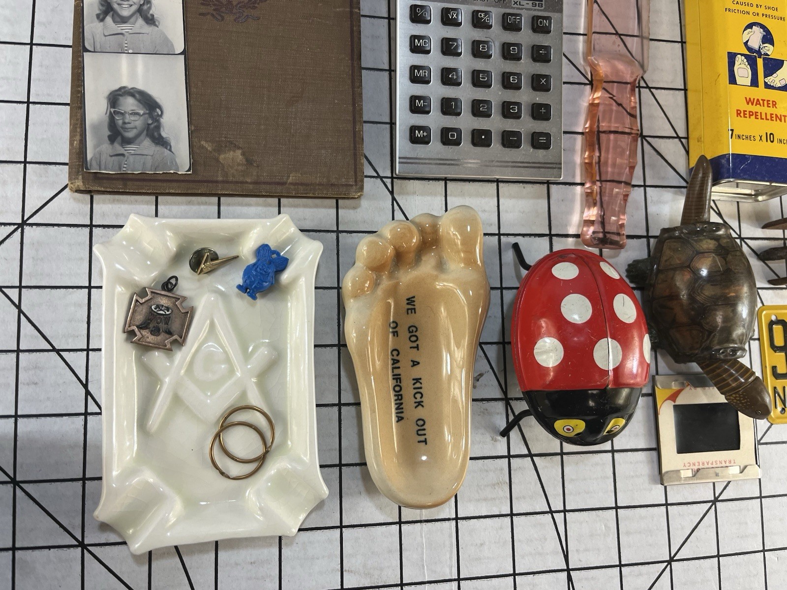 Vintage Junk Drawer Collectibles Lot Ash Tray New York German Book Tin Toy Plate
