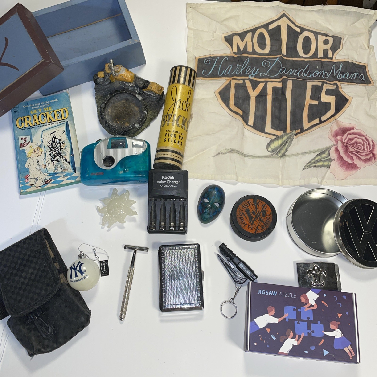 Vintage Estate Junk Drawer Lot Miscellaneous 1970s AS IS Camera Ashtray Puck