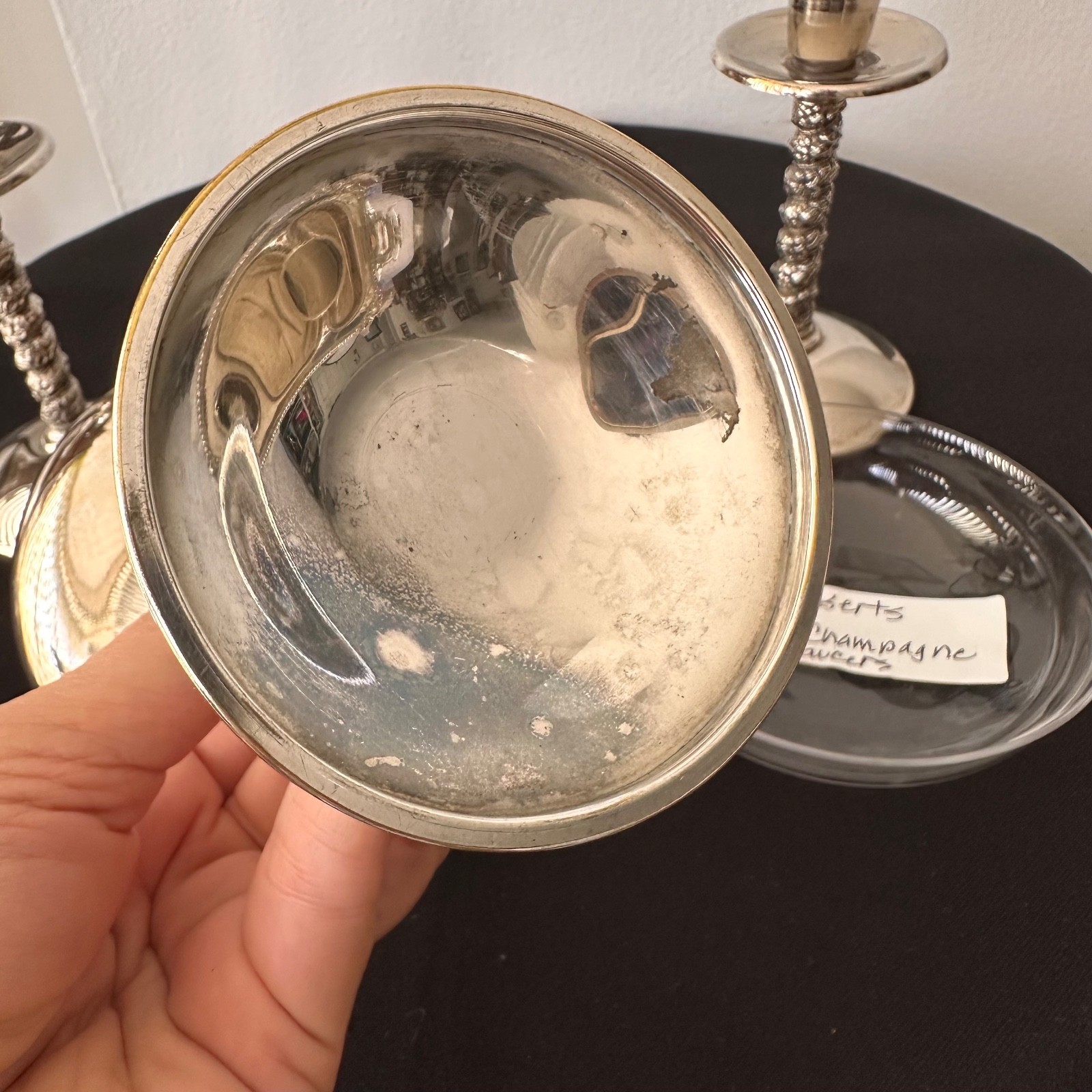 Vintage Silver Plate Spanish Champagne Saucer Glass Insert and 2 candleholders
