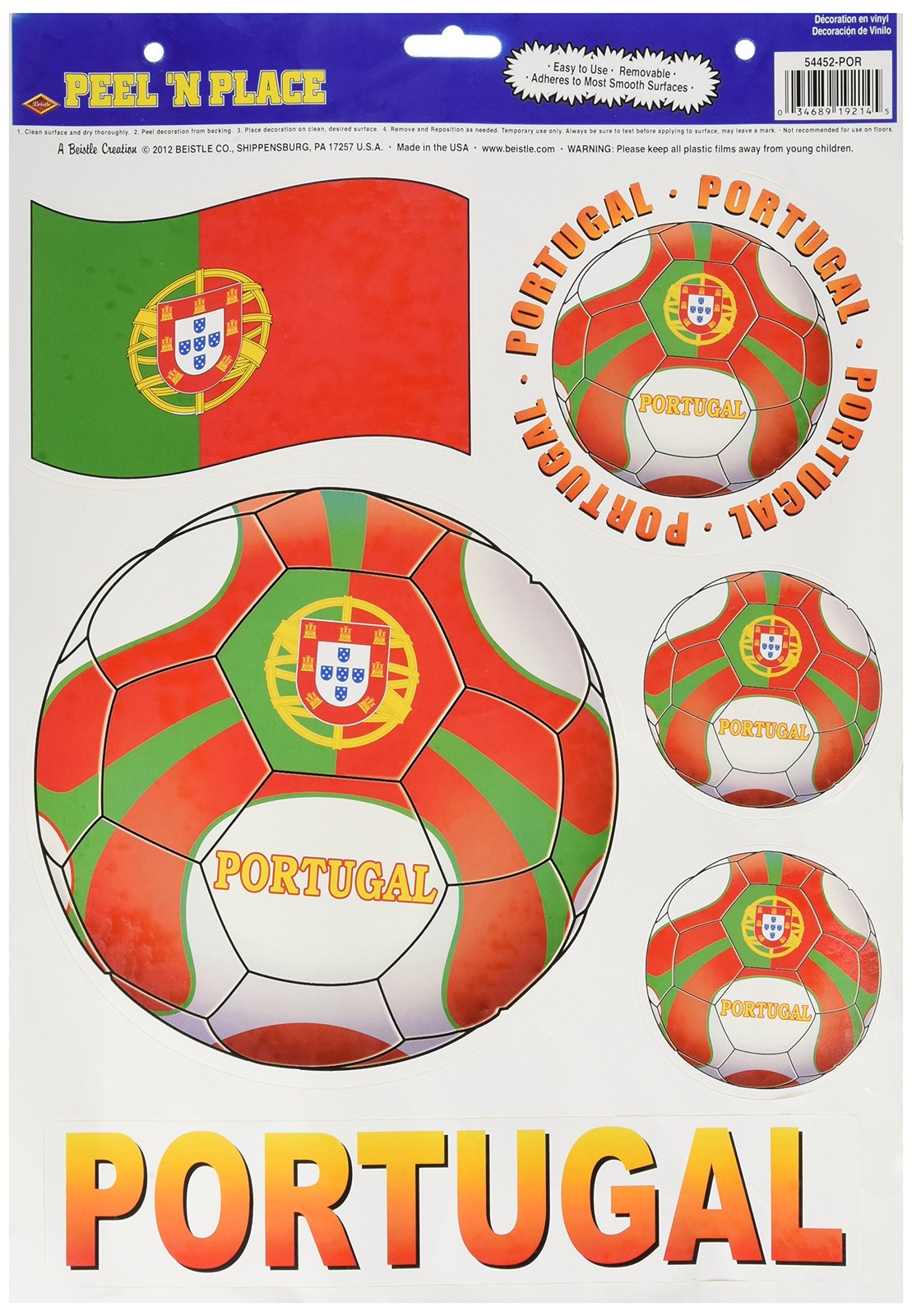 Beistle Portugal Soccer Ball Wall Clings, 6-Piece Sheet, Multicolored
