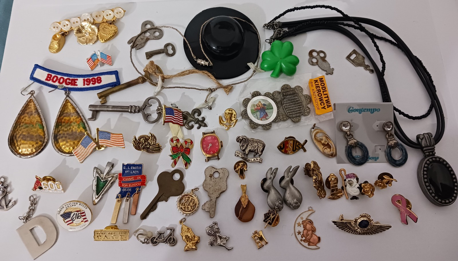 Junk Drawer Lot Skeleton Keys Earrings Pins Necklace Pendants Parts Animals Flag