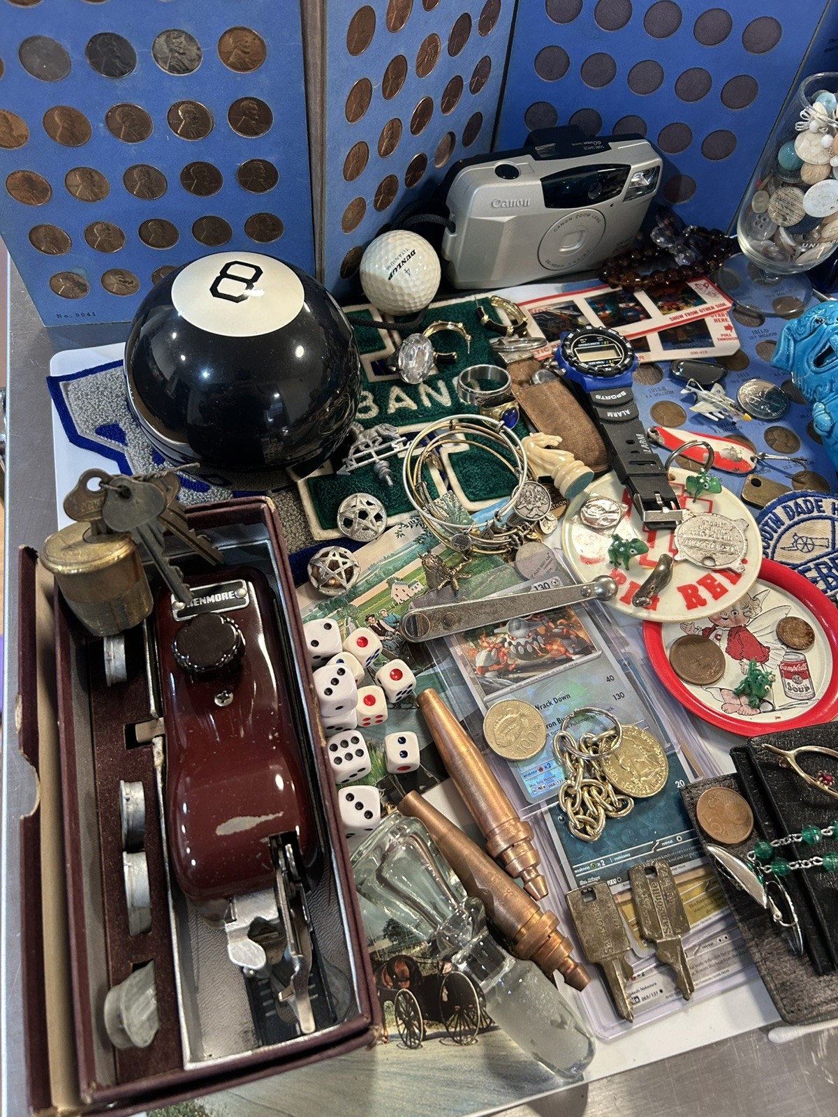 Vintage Junk drawer lot foo dog , jewelry, coins, + more read description