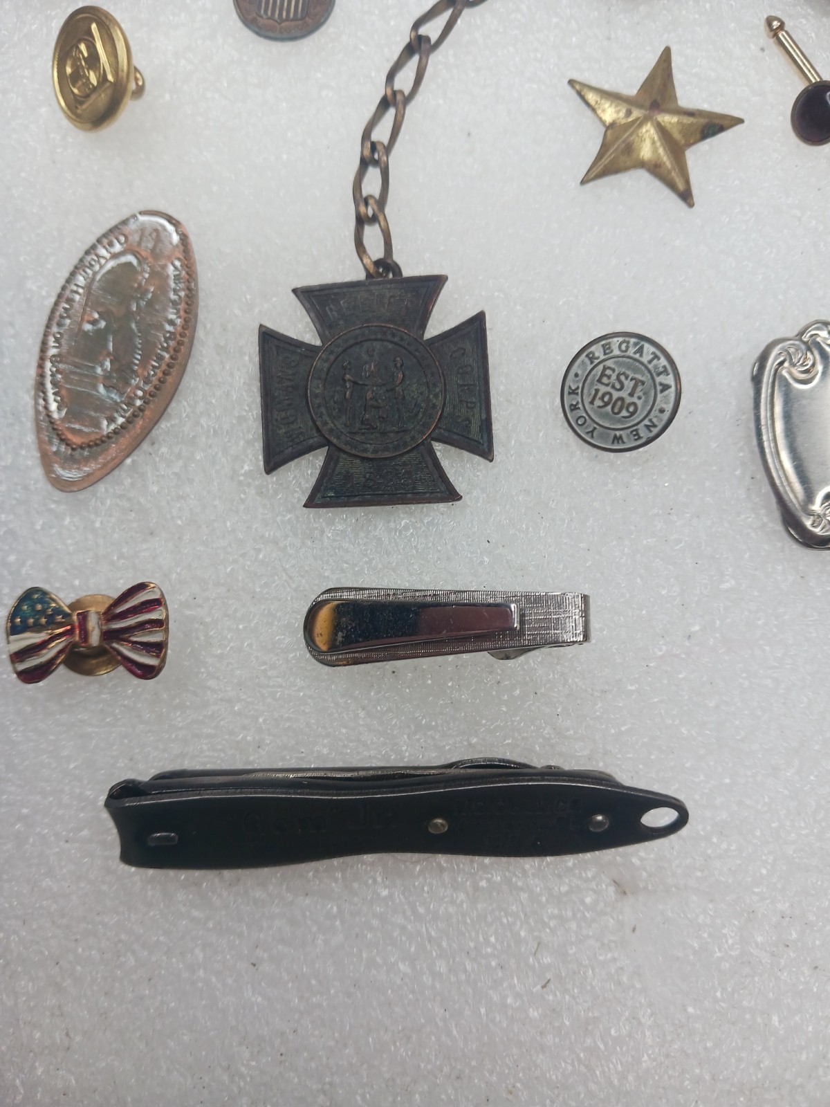 Vintage Junk Drawer Lot Military Medal Pins Tokens Tie Clips Coins Gem Jr…