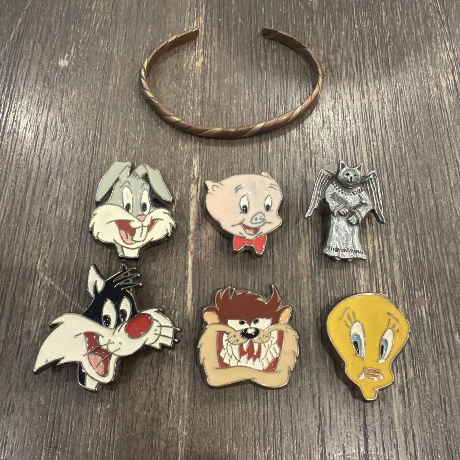 Junk Lot Looney Toon Pins Copper Bracelet Vintage Barker Pewter