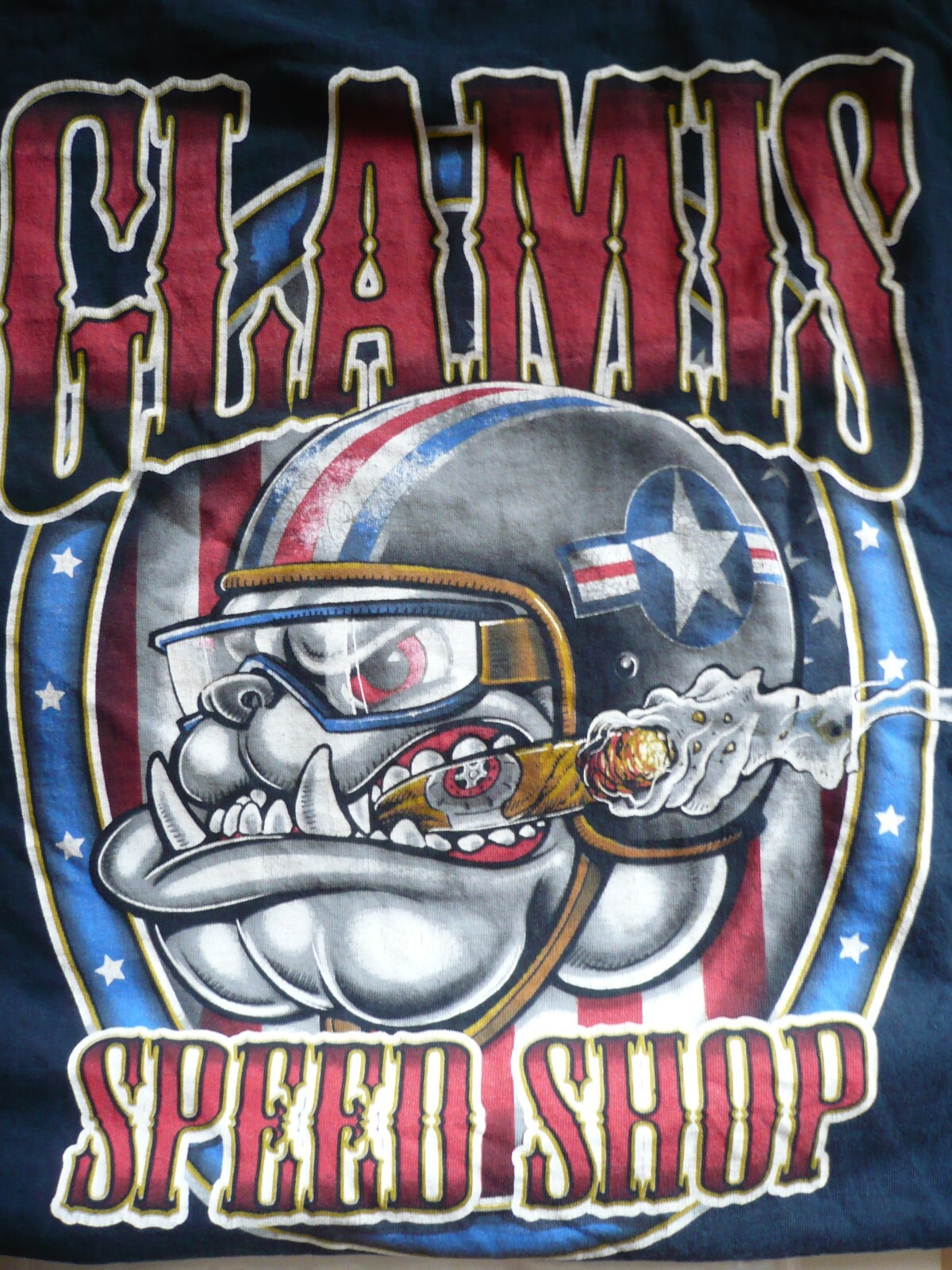 GLAMIS SPEED SHOP Bulldog Design T-Shirt Adult Large (L) Short Sleeve NAVY BLUE