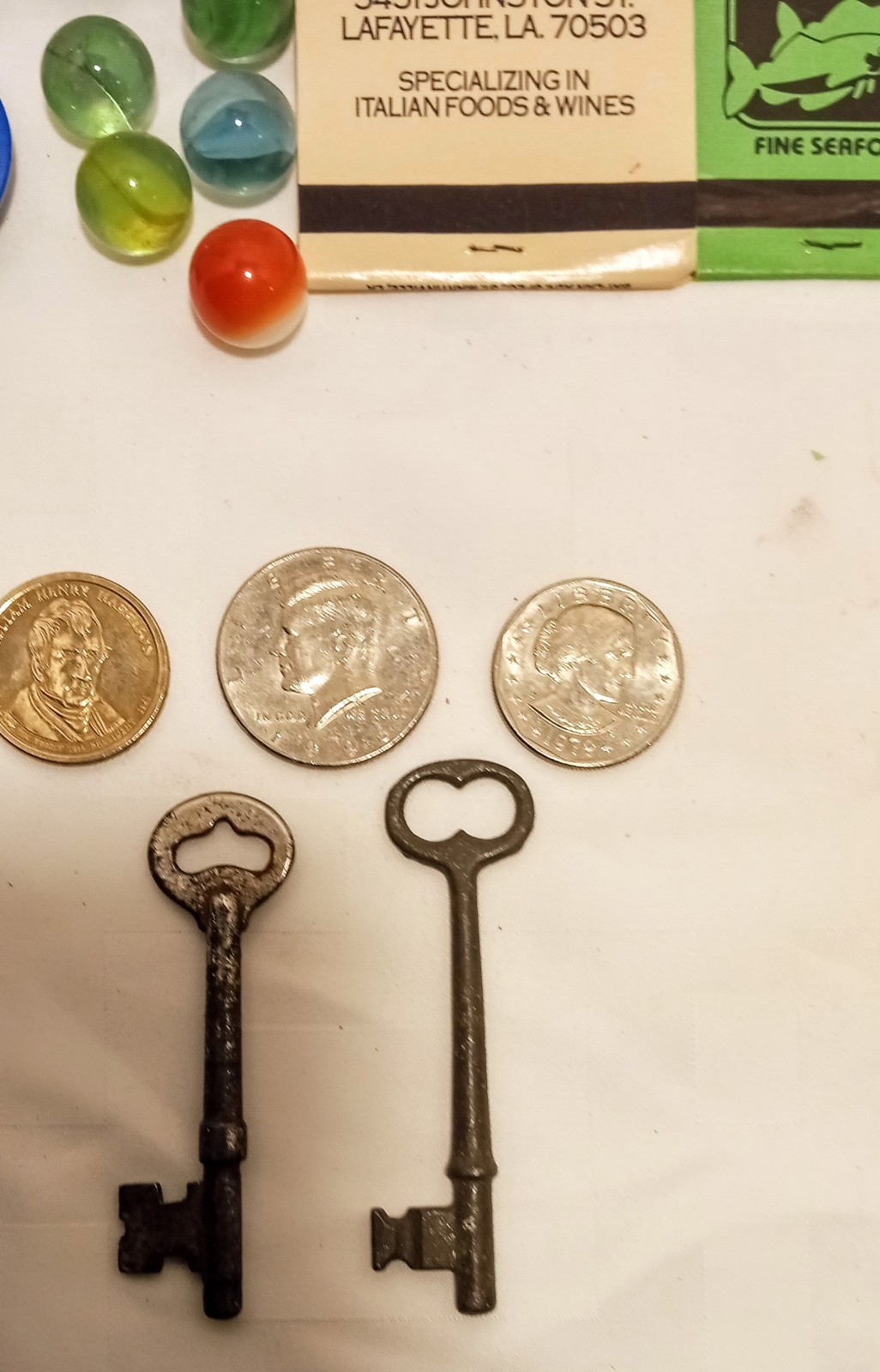 50++ Items Vintage Junk Drawer Lot Skeleton Key Marbles Old Knife USA COINS