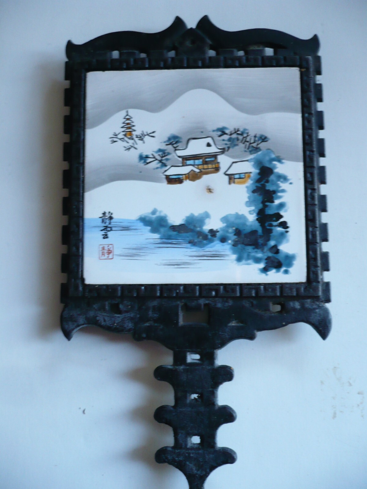 MYSTERY ASIAN TILE, FM JAPAN JAPANESE VINTAGE TILE, IN CAST IRON, TEMPLE SHAPE