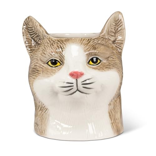 Abbott Collection Tabby Cat Planter, Medium, 5-Inch, Grey, Brown, Stoneware