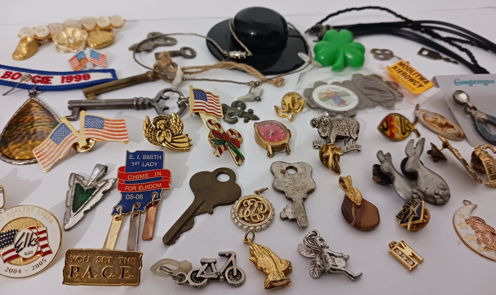 Junk Drawer Lot Skeleton Keys Earrings Pins Necklace Pendants Parts Animals Flag