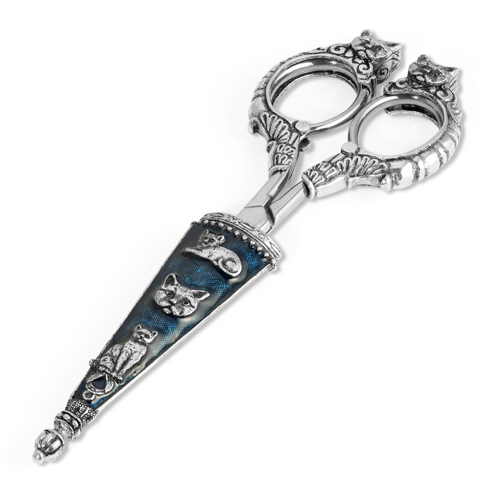 1928 Jewelry 3 Cats Blue Enamel Scissors Decorative Cat Handle Stainless Steel