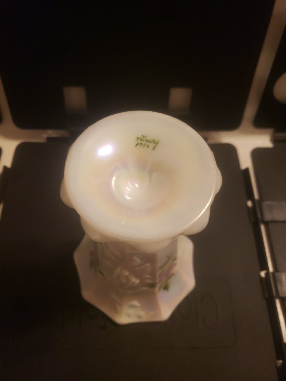 Vintage Westmoreland Paneled Grape Milk Glass Vase Hand Painted Roses, Signed