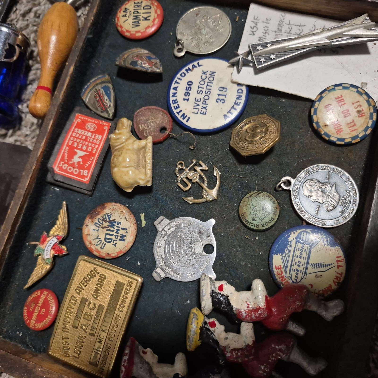 Vintage Junk Drawer Lot- Advertising, Antiques, Miscellaneous Coins Pins Glass!