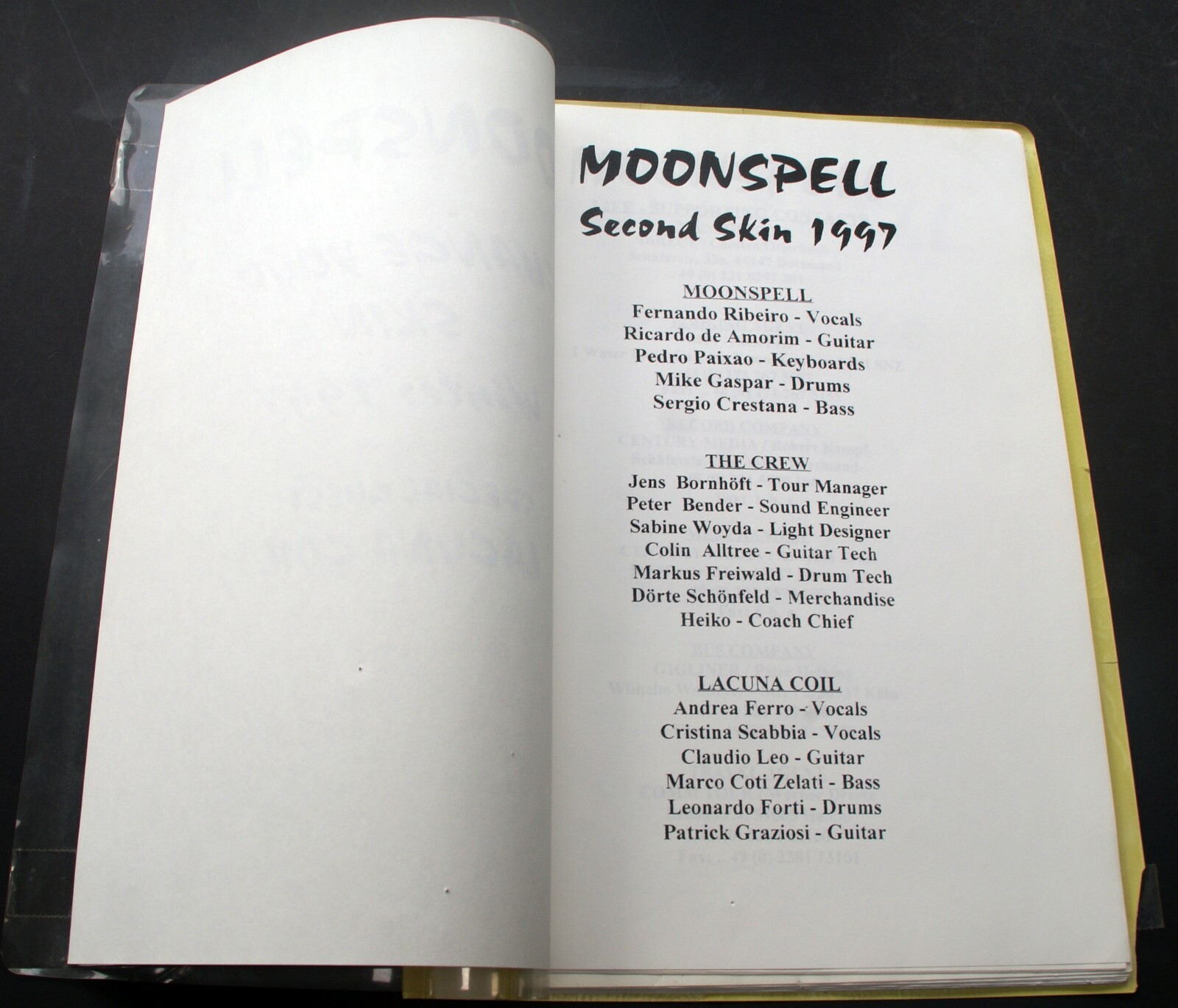 Moonspell Lacuna Coil Itinerary Change Your Skin European Winter Tour c.1997