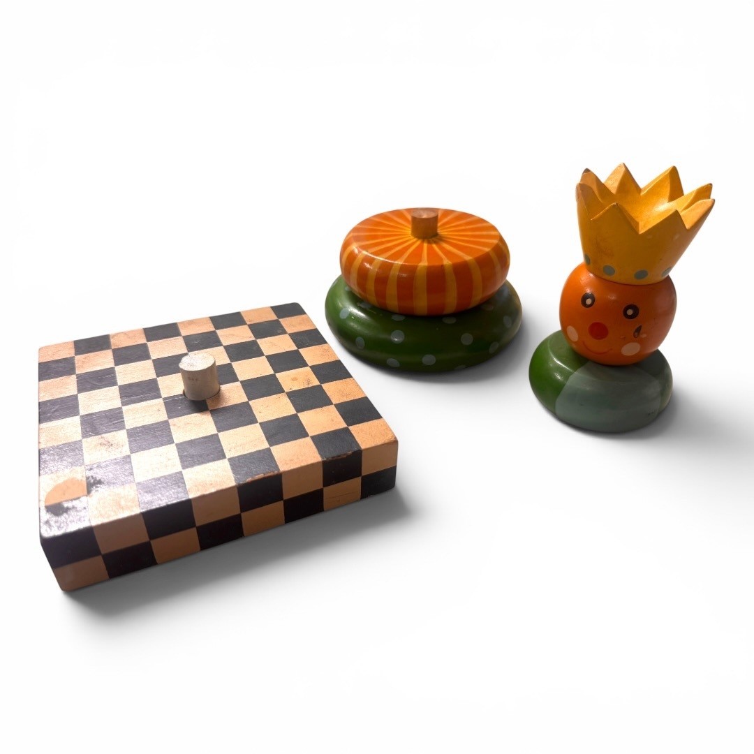 Wooden Stacking Toy King Crown Checkerboard Base McKenzie Childs Style Decor