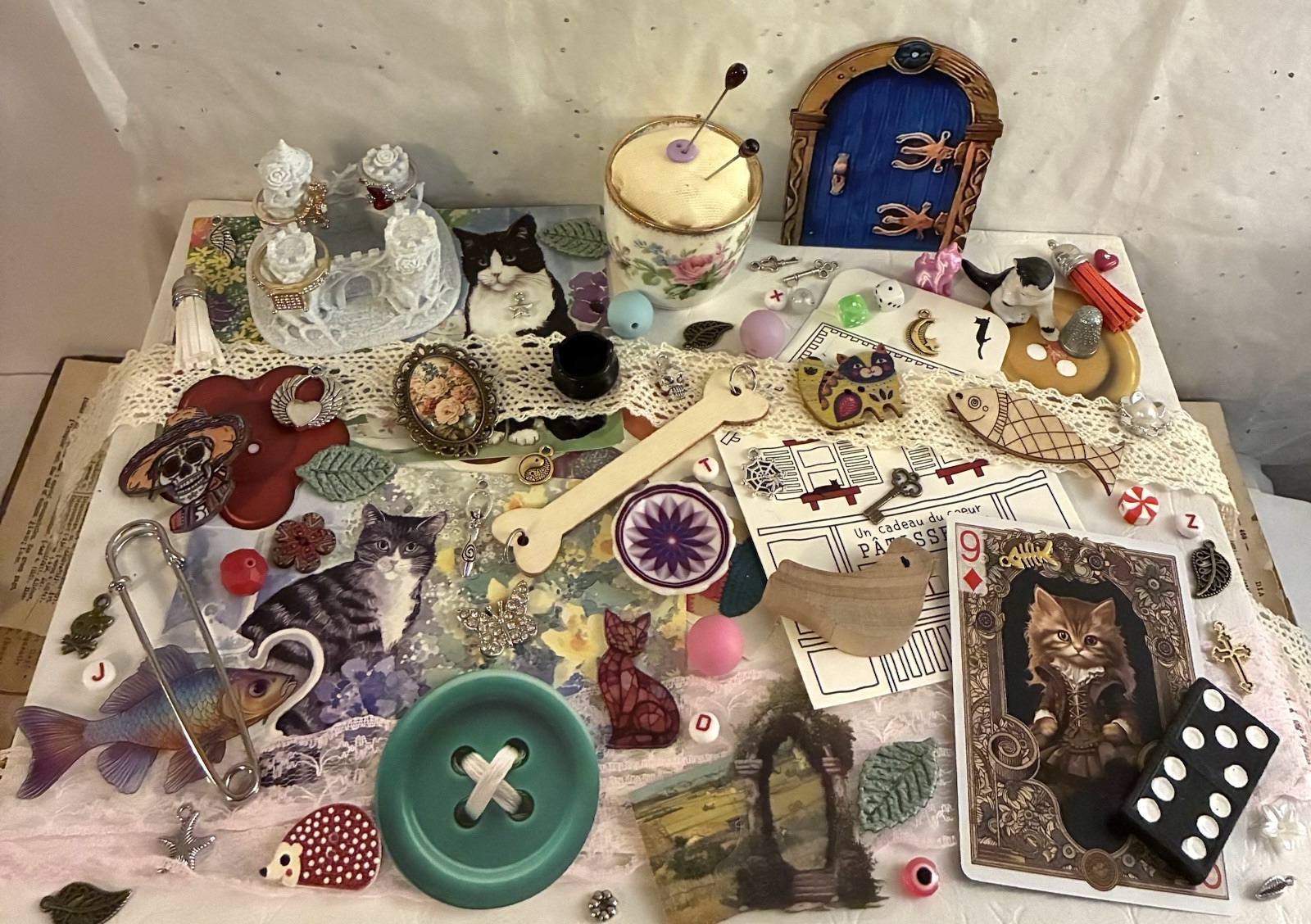 Castle Ring Holder Cat Figurine Pin Cushion Fairycore Junk Drawer Wicca Art Lot