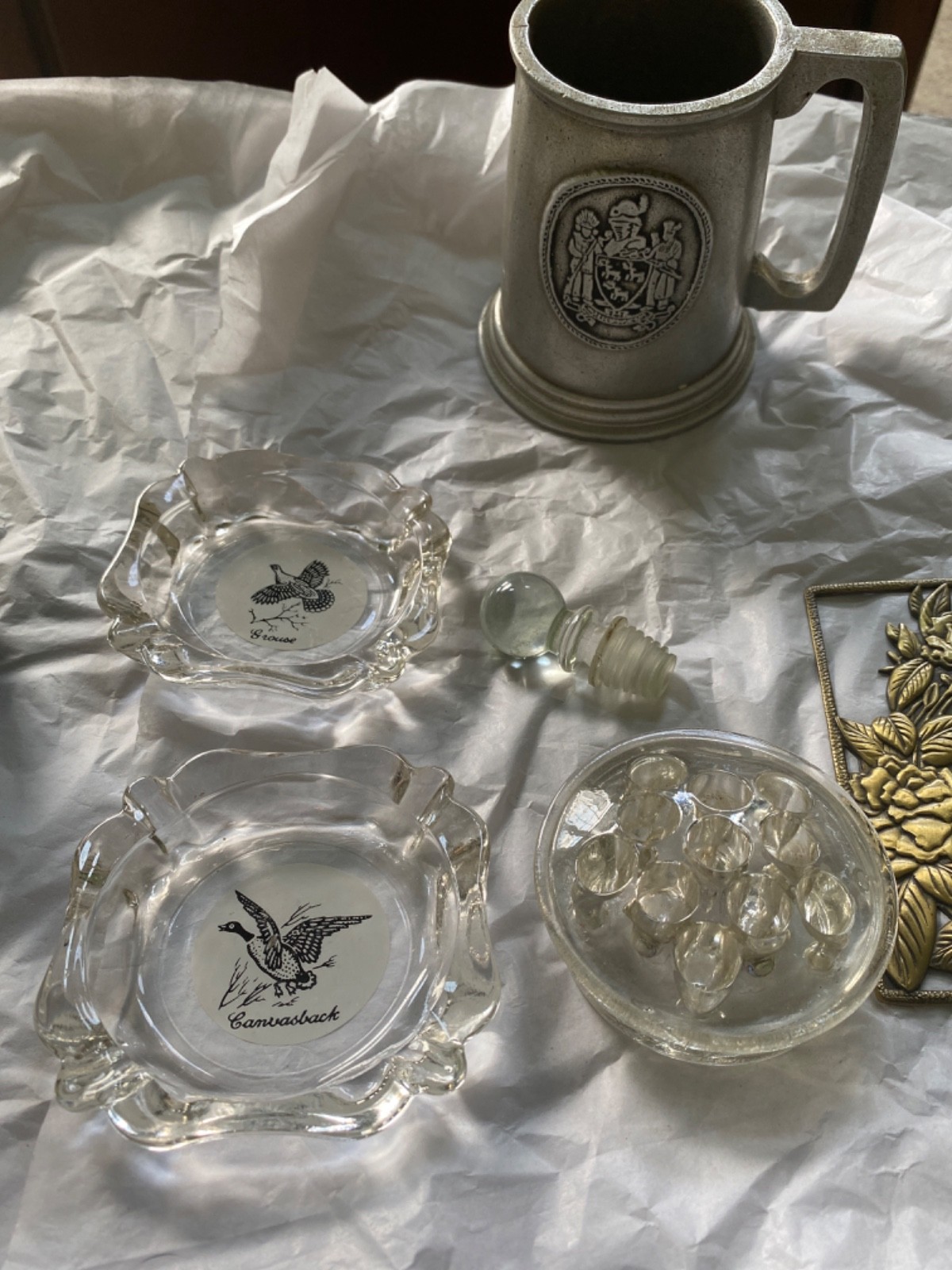 1960’S LOT ASHTRAYS TRINKET BOX FLOWER FROG BRASS DBLE SHOT GLASS PEWTER STEIN