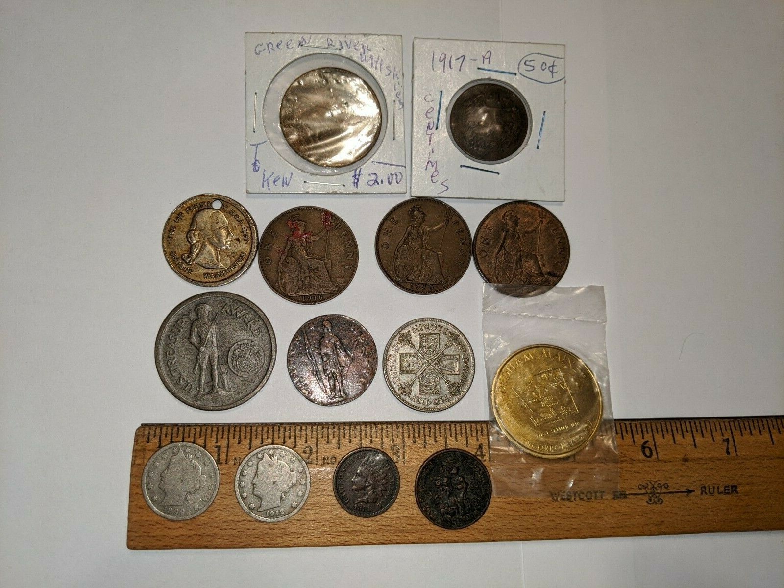 14 LOT COINS TOKENS MISC GREEN RIVER WHISKEY, 1928 ONE FLORIN, 1788 MASS REPRO