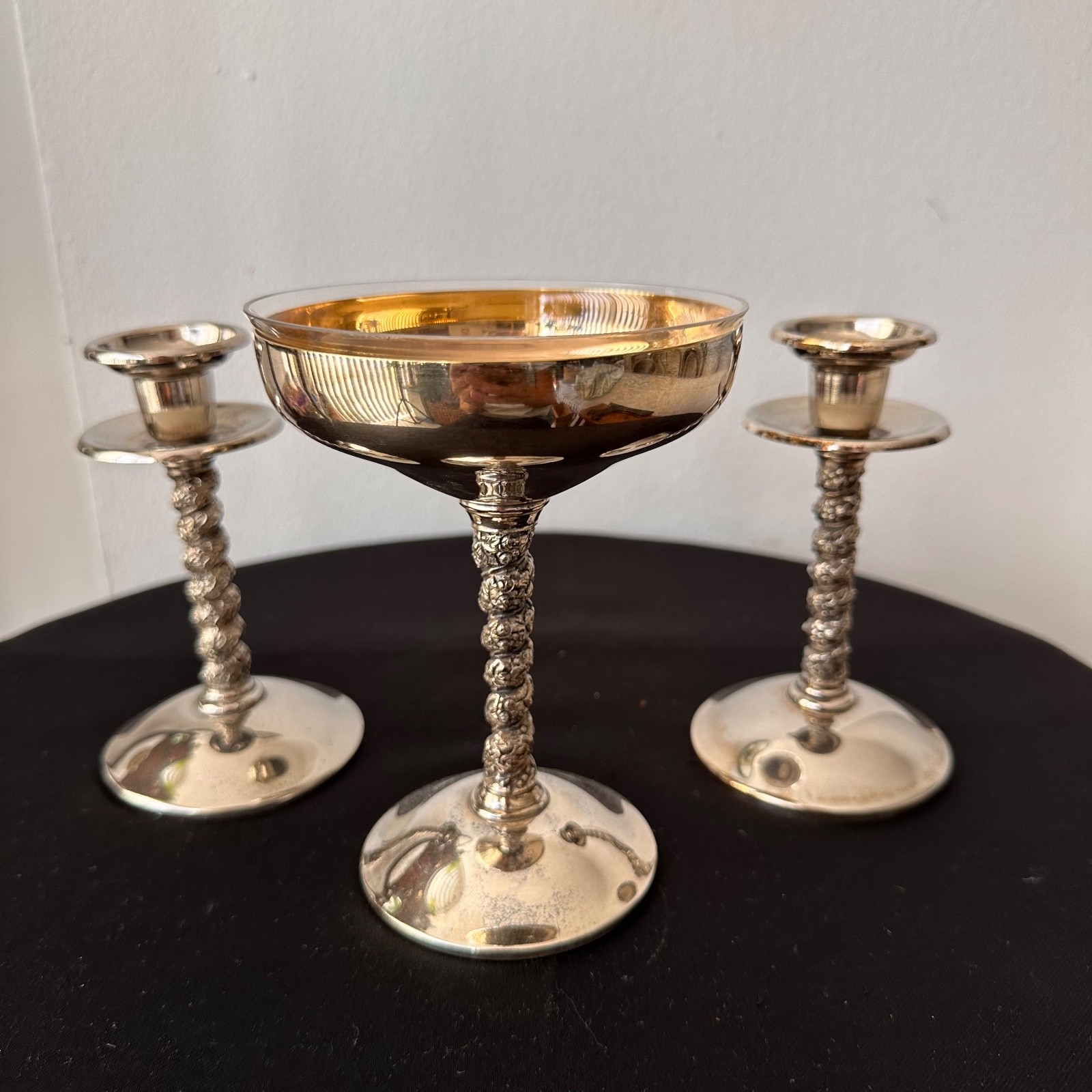 Vintage Silver Plate Spanish Champagne Saucer Glass Insert and 2 candleholders