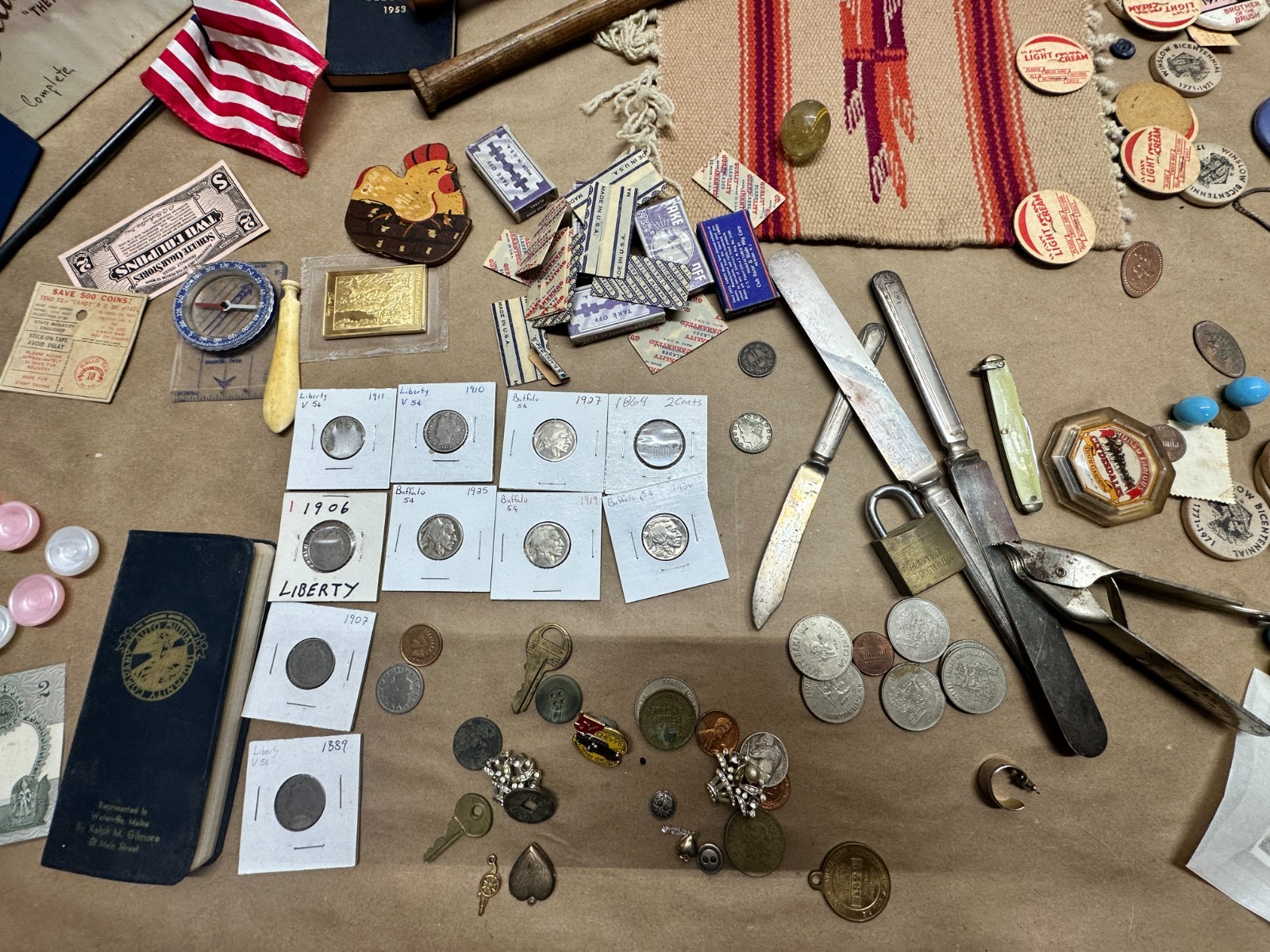 Junk Drawer Lot #5 – Random Antique Vintage Smalls – Coins Cards Jewelry Money