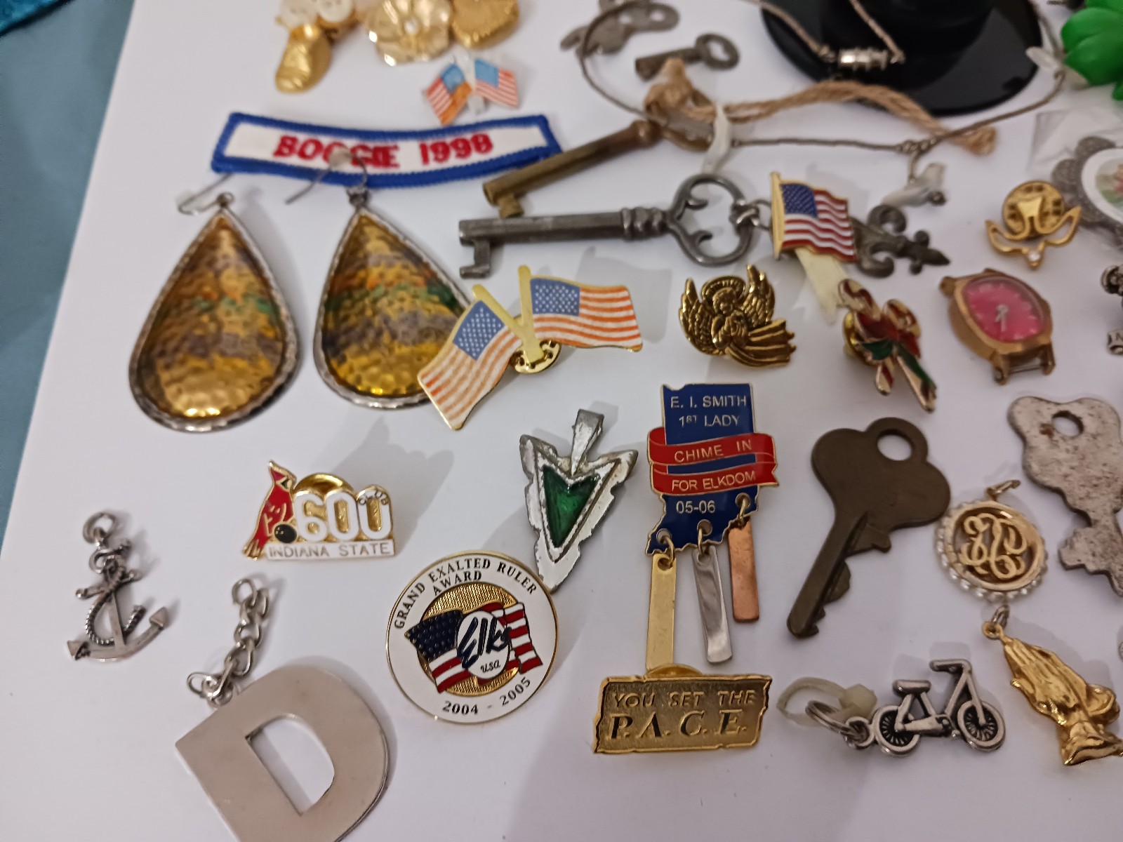 Junk Drawer Lot Skeleton Keys Earrings Pins Necklace Pendants Parts Animals Flag