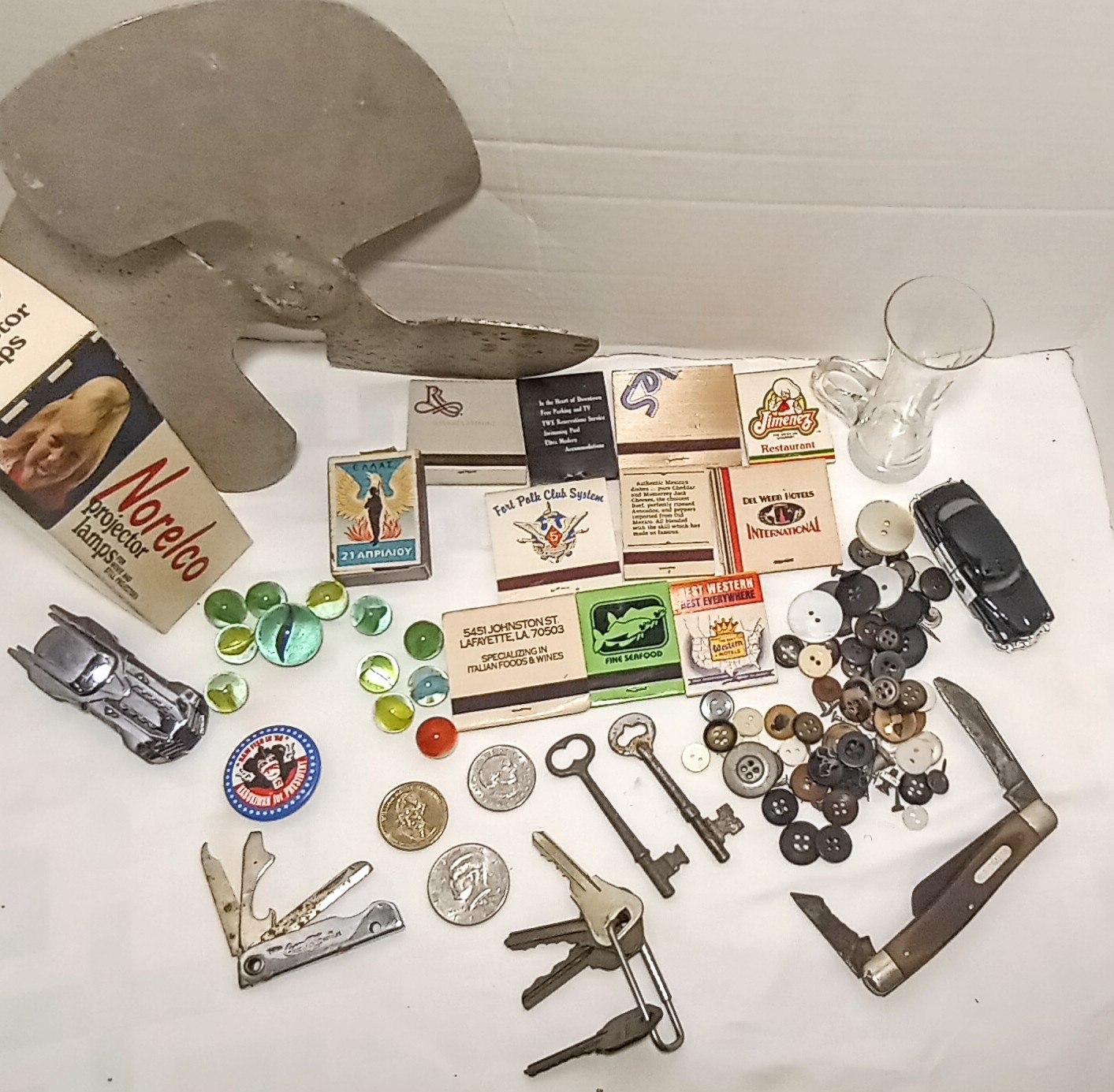 50++ Items Vintage Junk Drawer Lot Skeleton Key Marbles Old Knife USA COINS