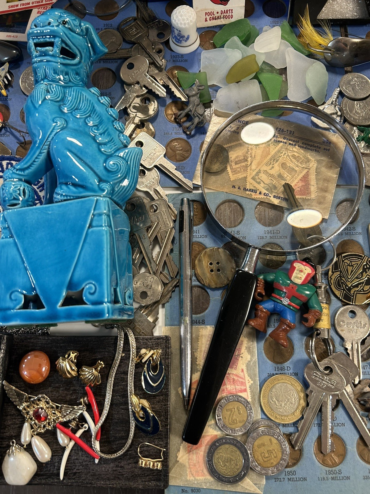 Vintage Junk drawer lot foo dog , jewelry, coins, + more read description