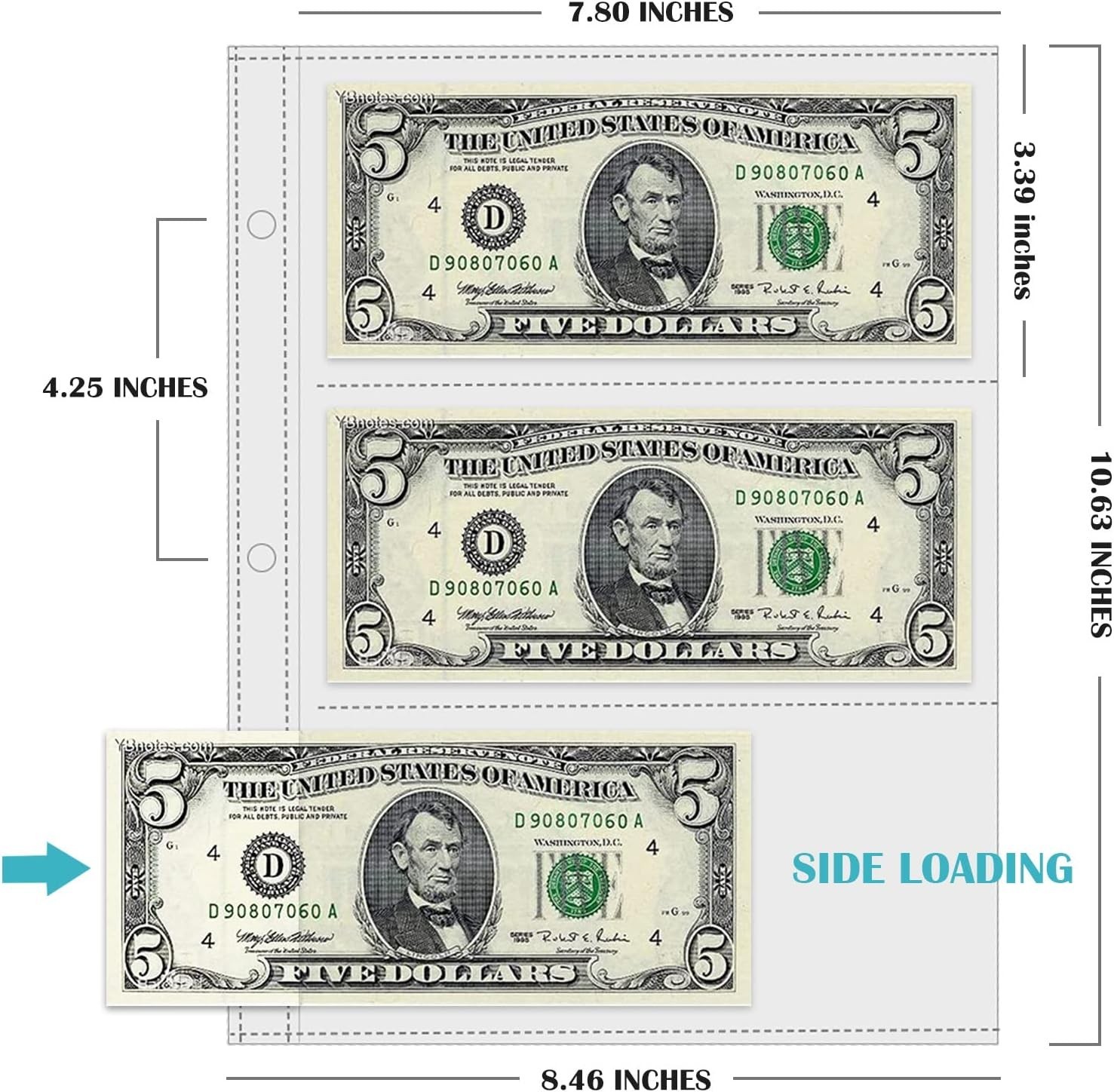 “50Pcs Currency Sleeves for 3 Ring Binder, 3-Pocket Banknote Protectors “