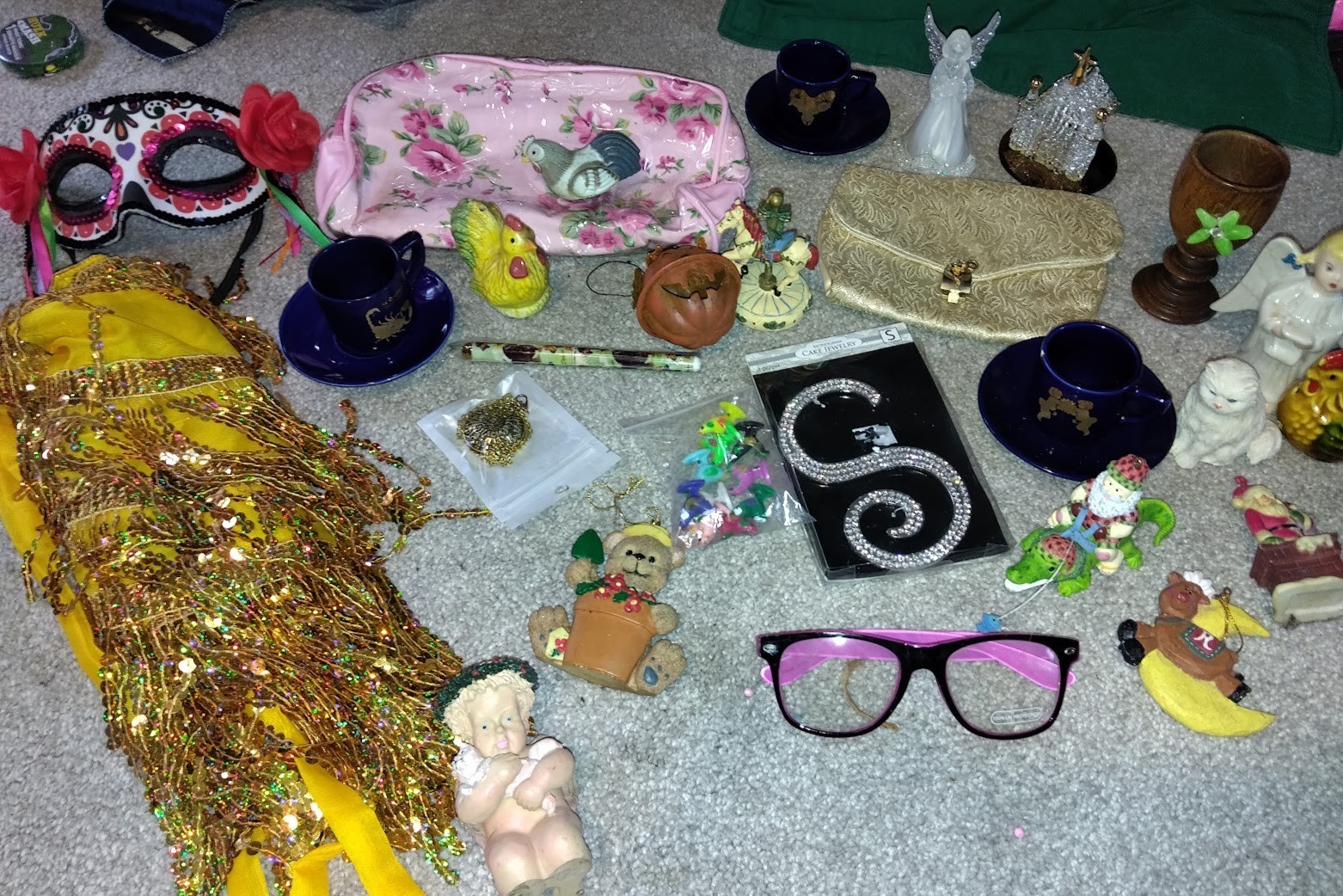junk drawer treasures vtg ornaments mask bags crystal figurines miniatures