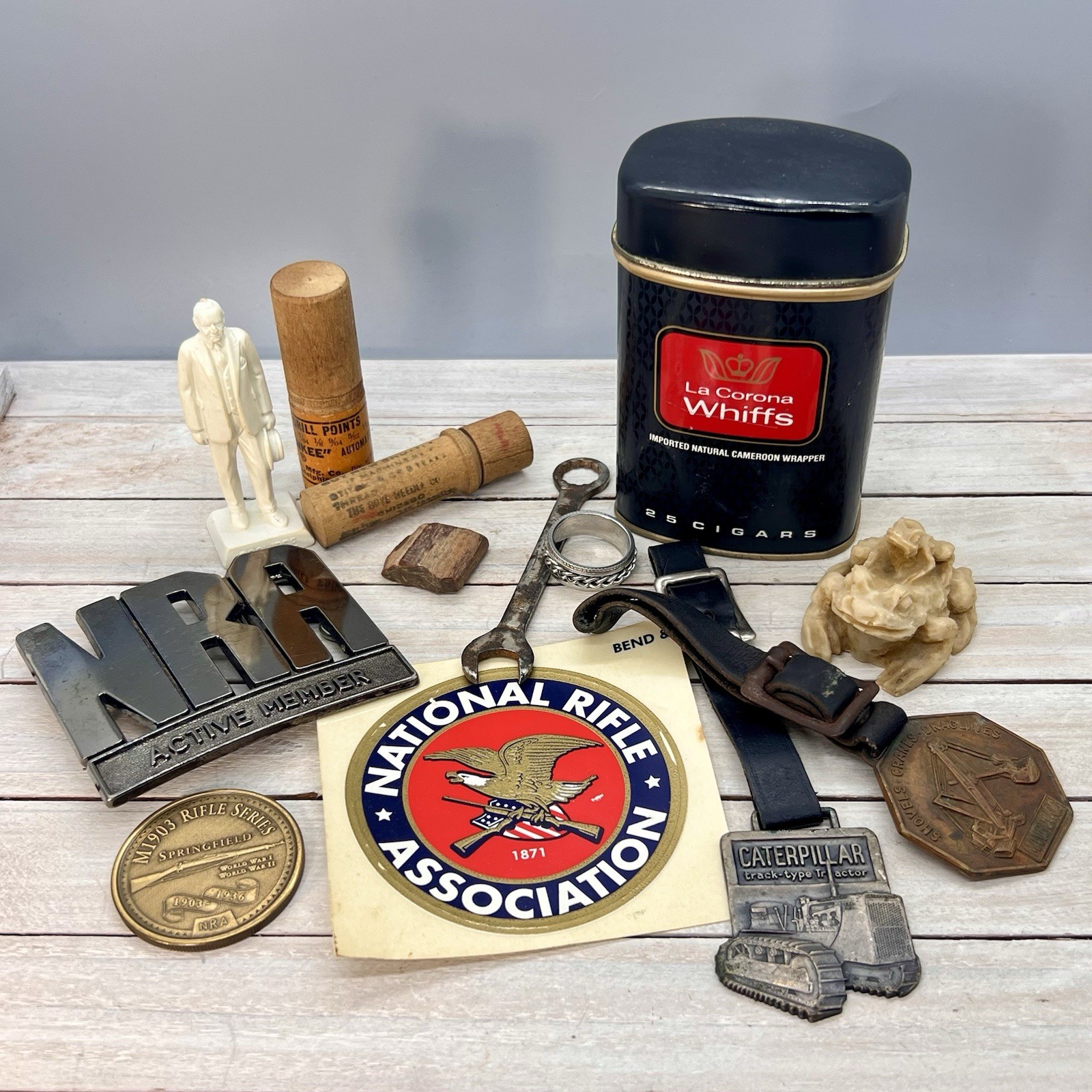Junk Drawer Lot Vintage Men’s NRA Coin Cigar Tin Ring