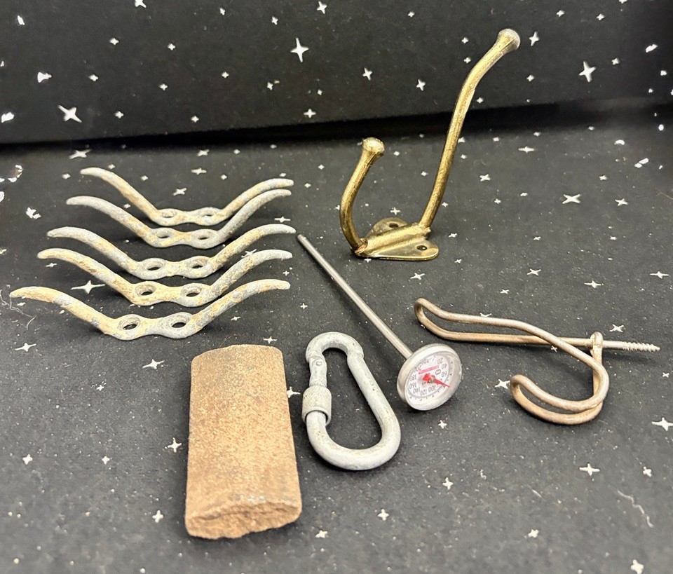 VTG Junk Tool Chest Tools Lot Of 10 ,Hooks, Tie Down Brackets, Temp Guage, Misc