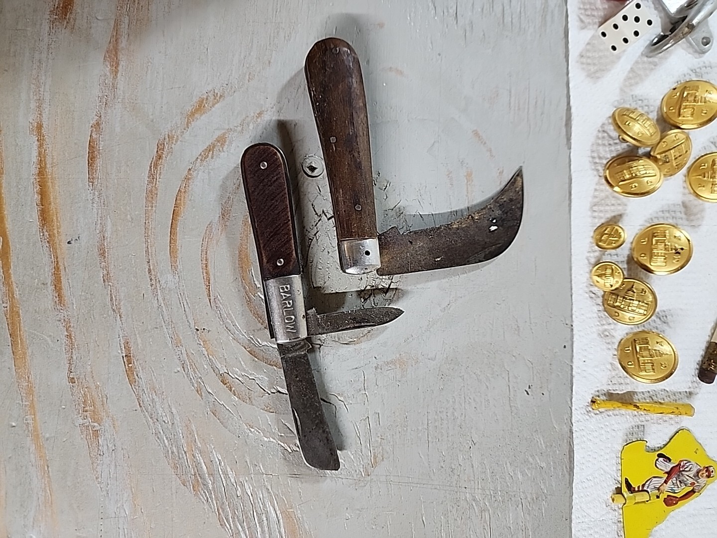Junk Drawer Lot: Kodak Six 20 Camera Knives DC FD Buttons Fare Tokens Marble Pin