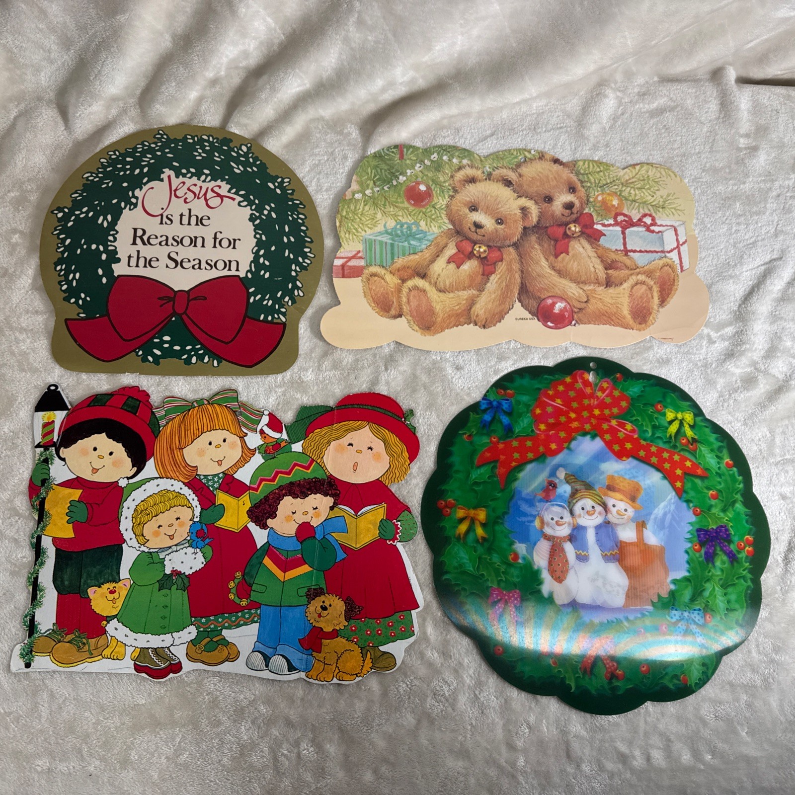 4 Vintage Christmas Bear Die-cut Eureka Cutouts Christmas Carolers, Wreath 1990s