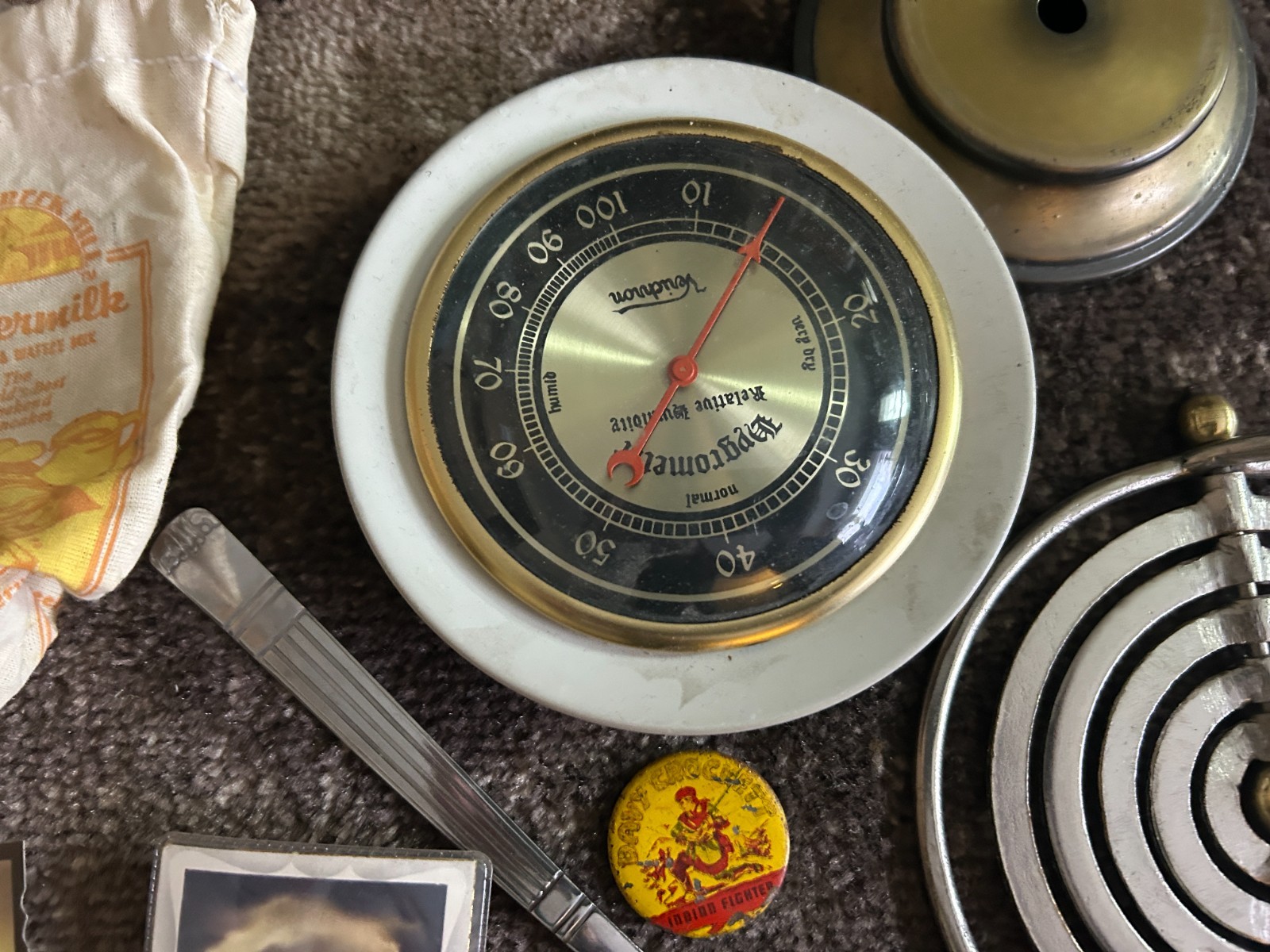 Gramps vintage Junk Drawer Lot Religious JFK Button Owl Humidity Flatware Paper