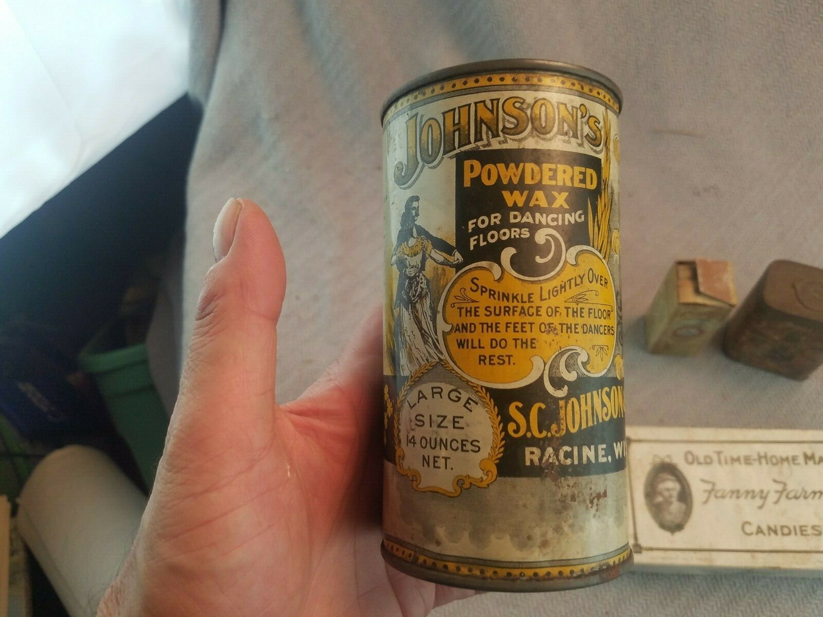 Lot of 5 Antique/Vintage tins and boxes Dance floor wax Candies Mace soap