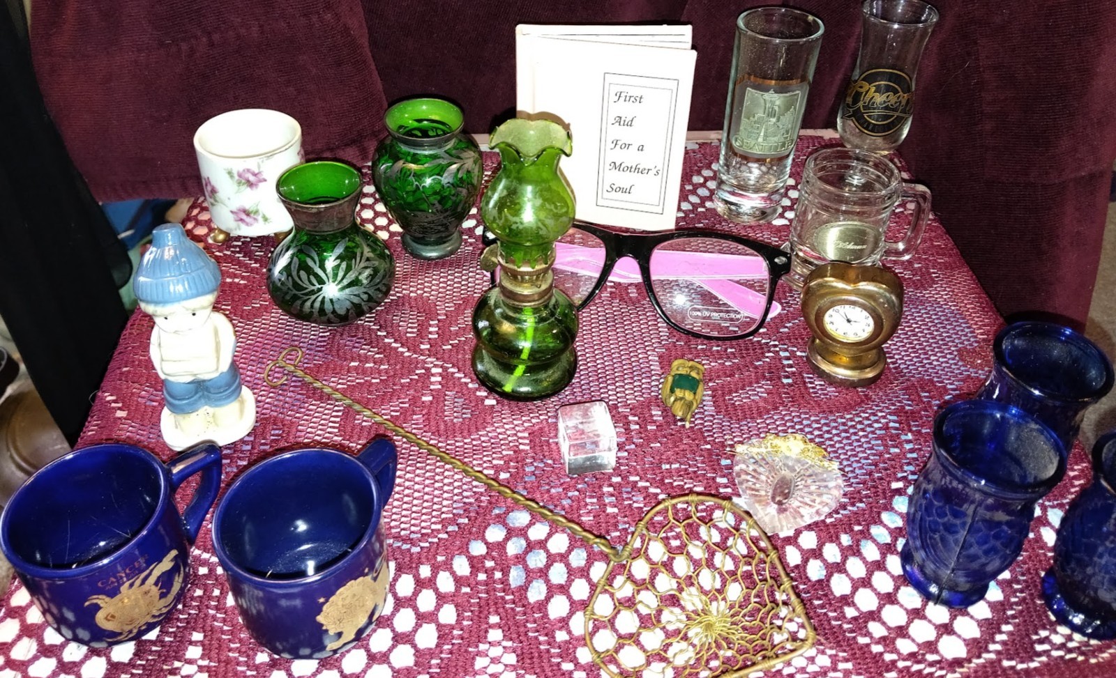 antique vtg miniatures junk drawer vases in silver, shot glasses ,oil lamp, cups