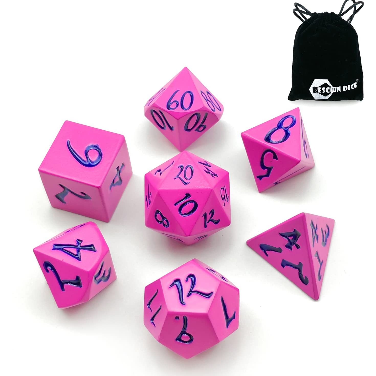 BESCON DICE Metal Deep Pink Blue Numbers Plastic Black Set of 7 Standard Dragon