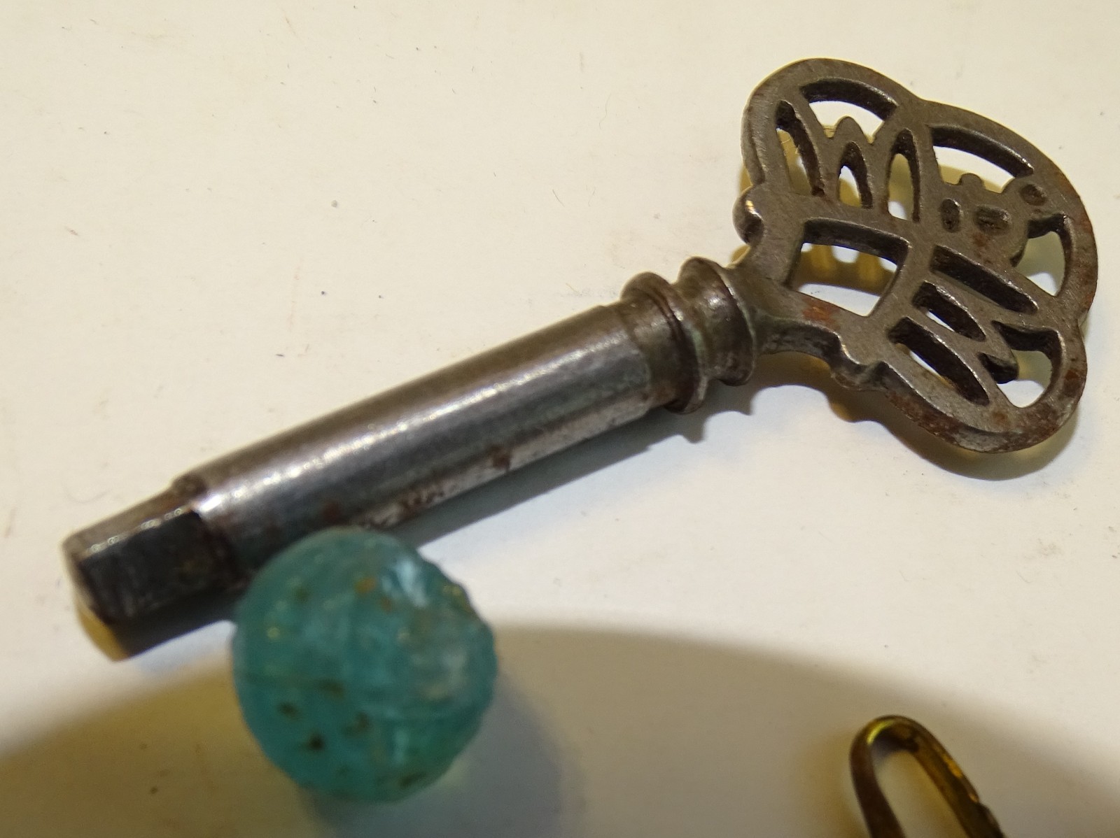Junk found at estate sale; button hook, Keys, Rings, Shield Pin, Boot Charm, etc