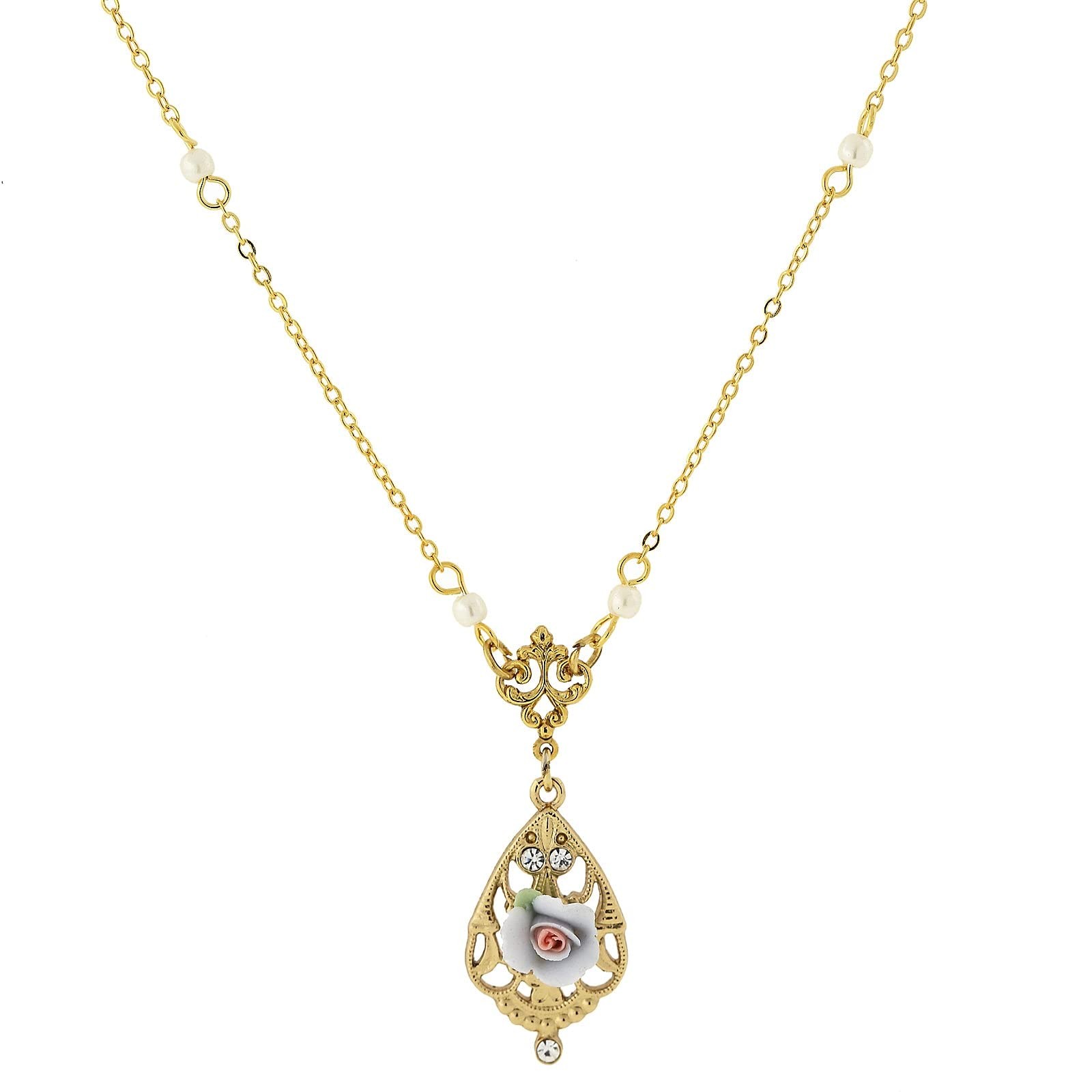 1928 Jewelry Gold Dipped Porcelain Rose Necklace Crystal Accent 17″