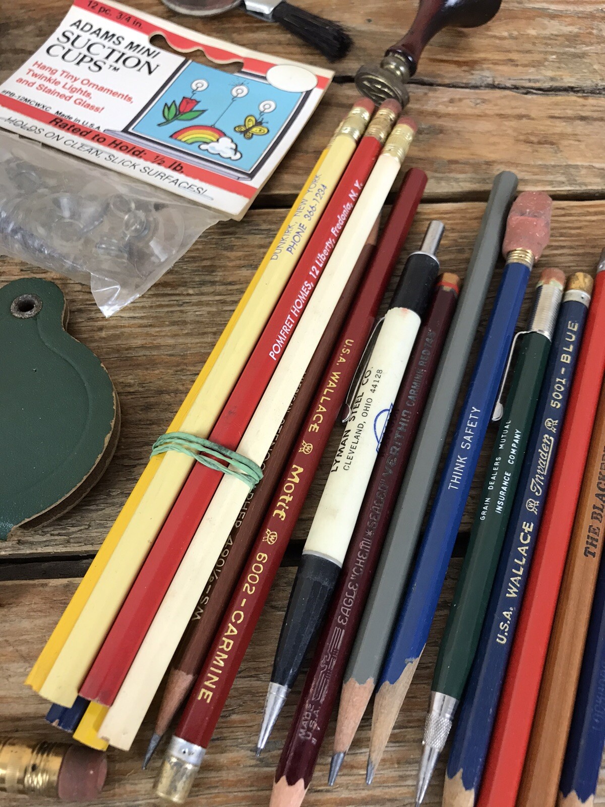 Vtg Junk Desk Drawer Lot Advertising Smalls Pencils Office Seagrams Magnifying