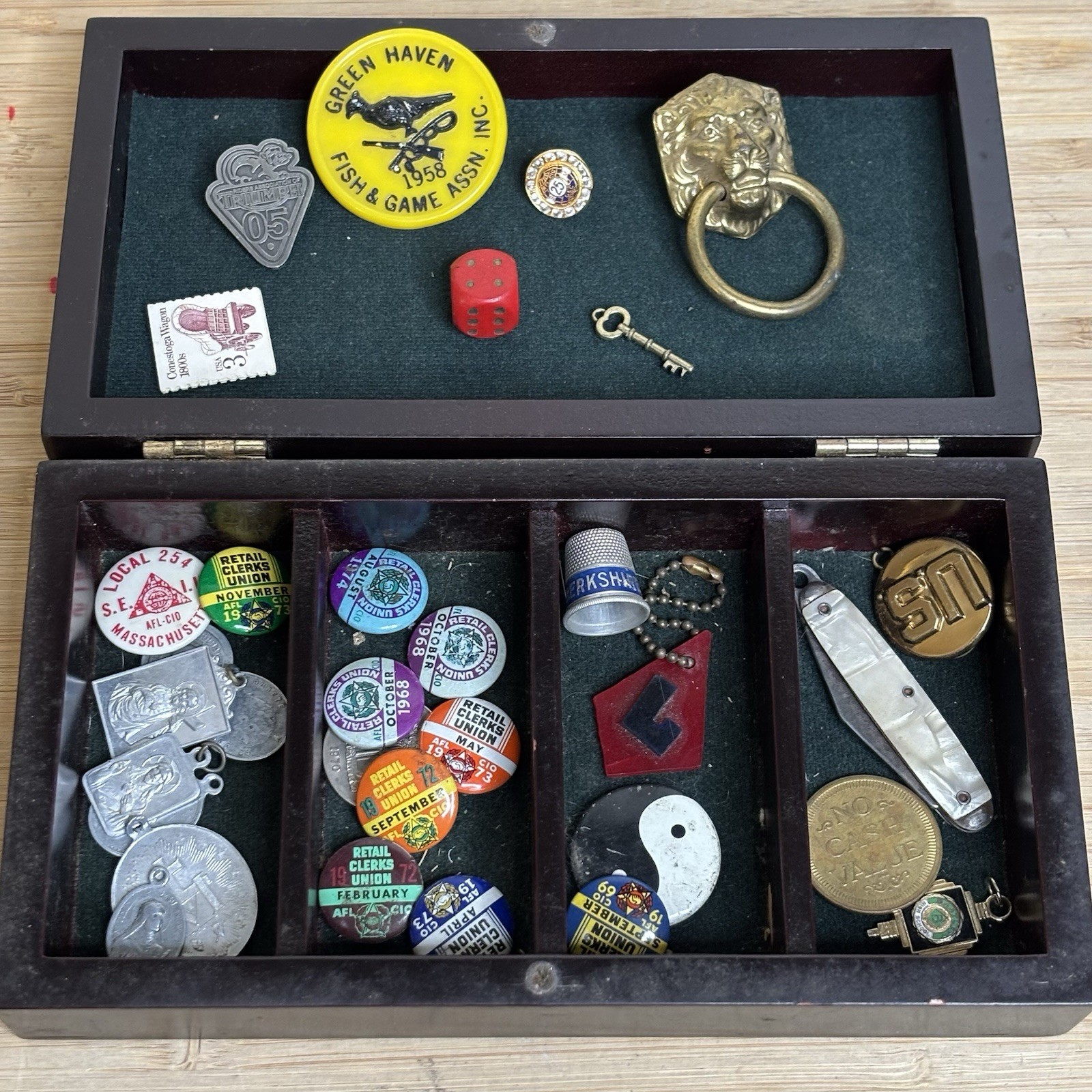 Vintage Junk Drawer Lot – Retail Clerks Union Pins Religious Key Dice Thimble