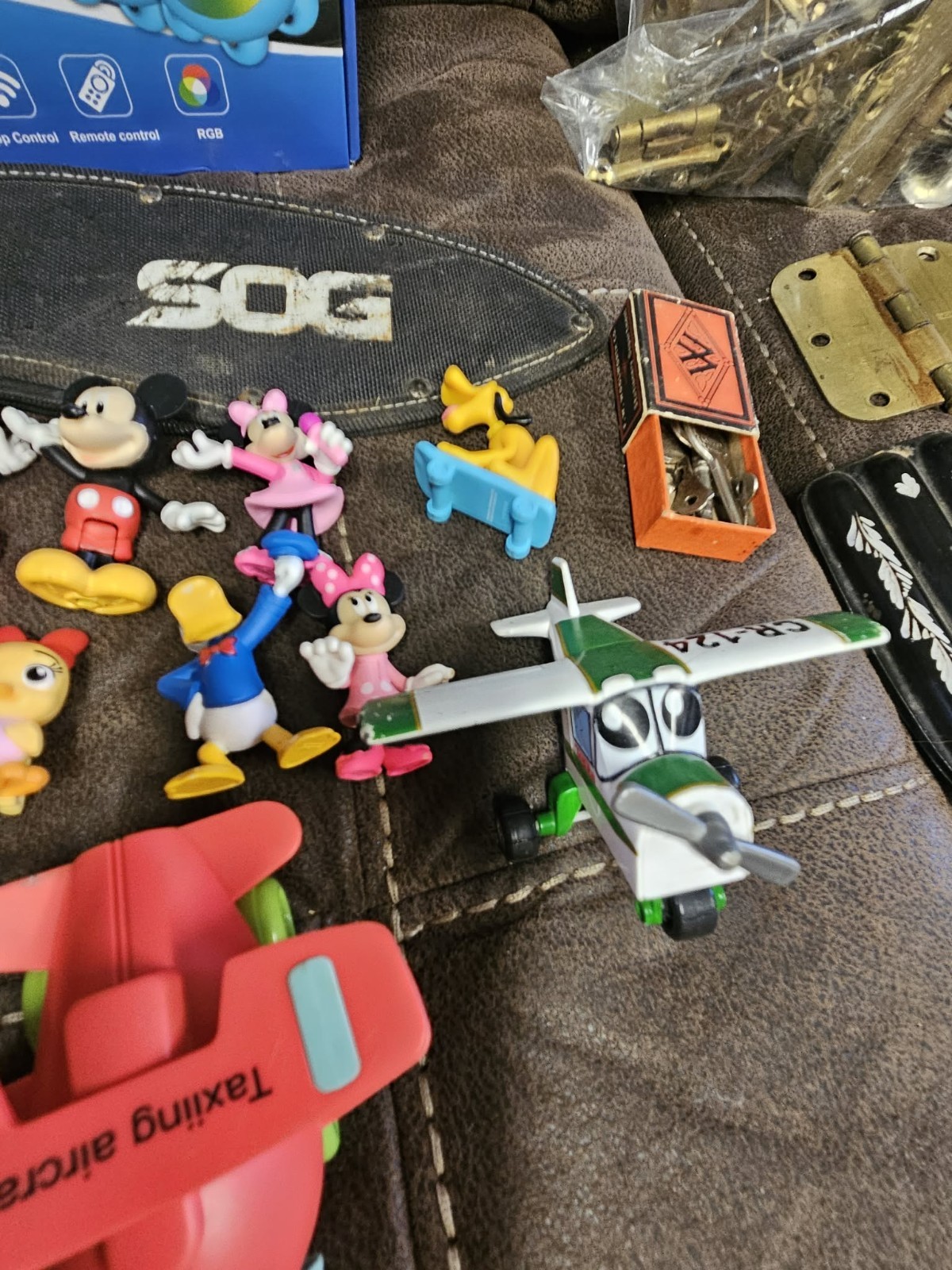 Junk Drawer Lot Silver Sog Knife Breyer Disney Polaroid Camera Auburn Knife