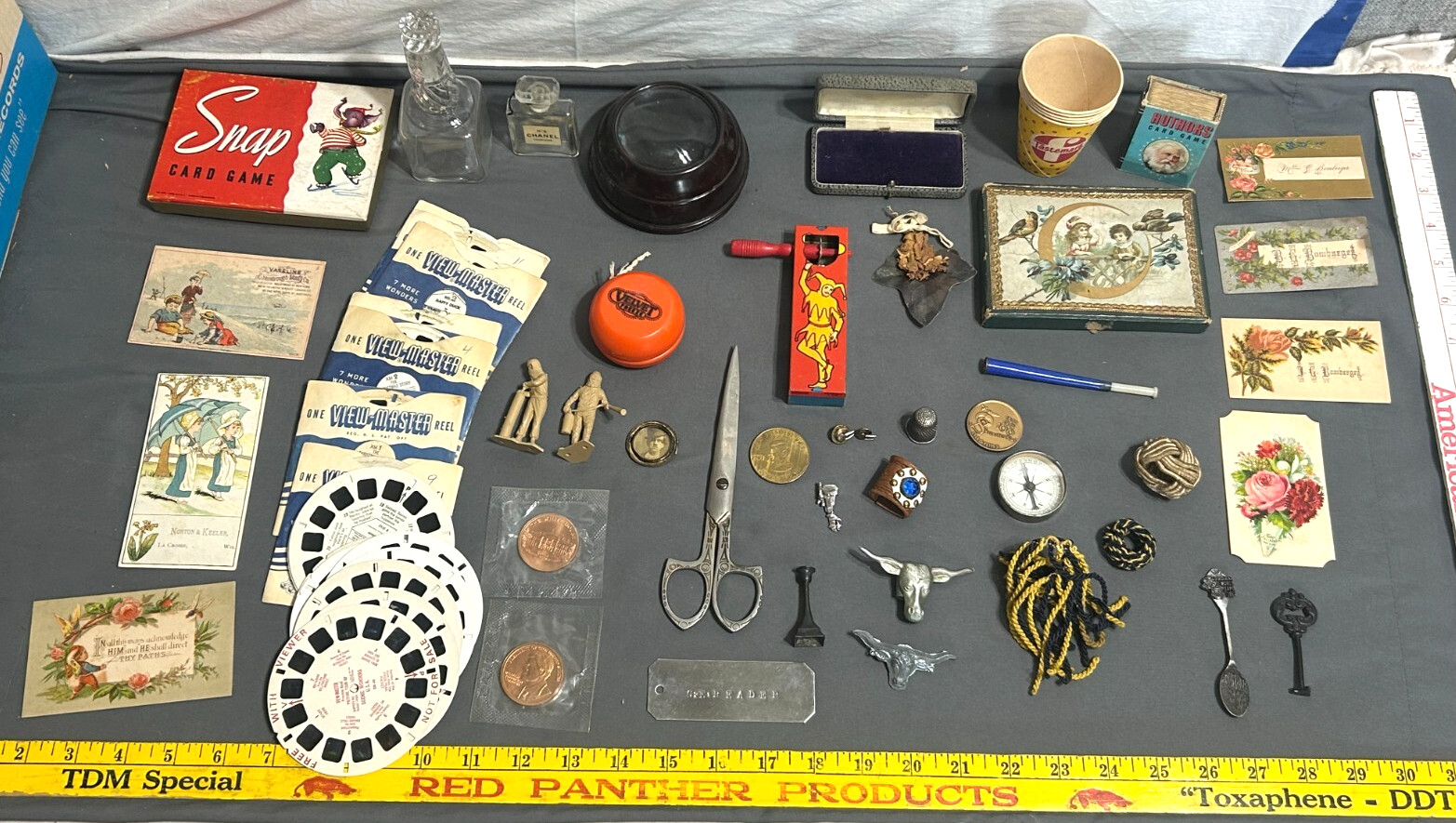 JUNK DRAWER LOT!! Viewmaster VICTORIAN CARDS Pewter LONGHORN Velvet YoYo CHANEL