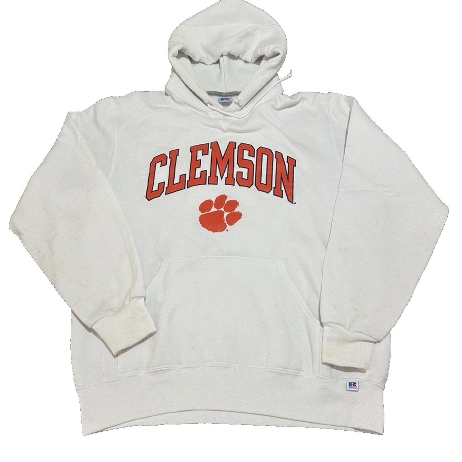 Clemson Tigers Hoodie Men Large L NCAA Football Sweatshirt Russell White Y2K